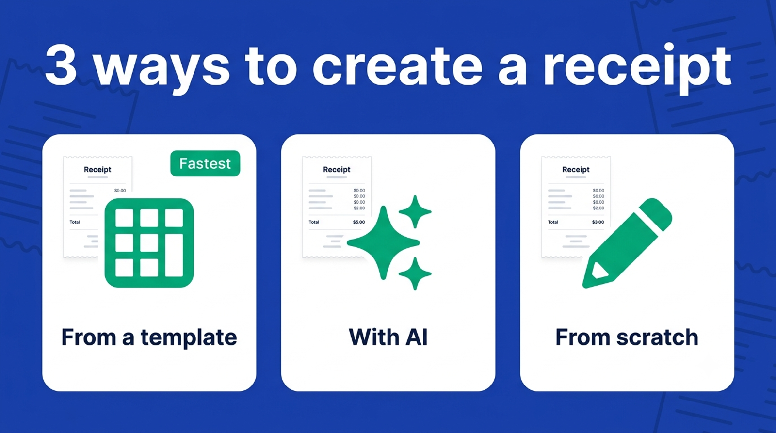 Three ways to create a receipt online: from a template (fastest), with AI, or from scratch