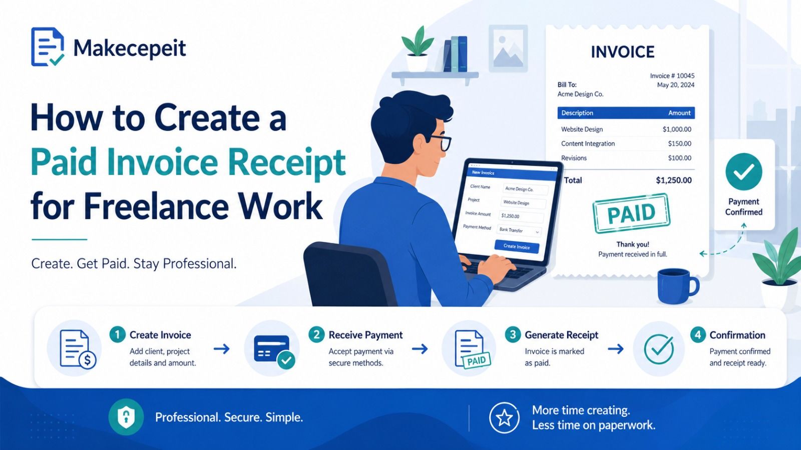 How to create a paid invoice receipt for freelance work in four steps: create the invoice, receive payment, generate the receipt marked Paid, and confirm the payment