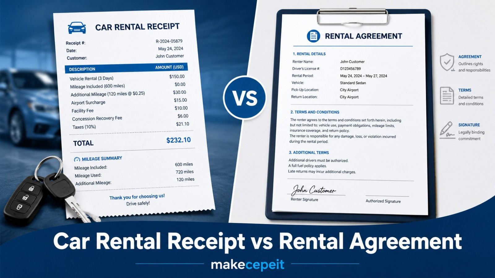 Car rental receipt vs rental agreement: an itemized receipt recording charges, mileage and the total, beside a rental agreement that defines the terms, responsibilities and signatures