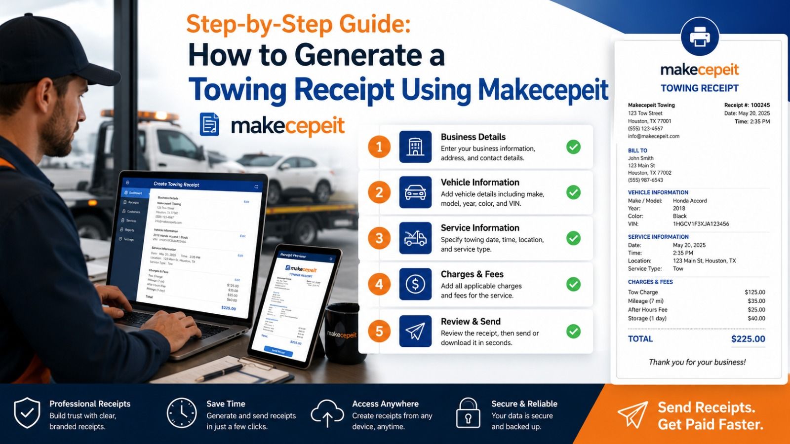 Step-by-step: enter business details, add vehicle information, itemize the service charges and fees, then review and send the towing receipt