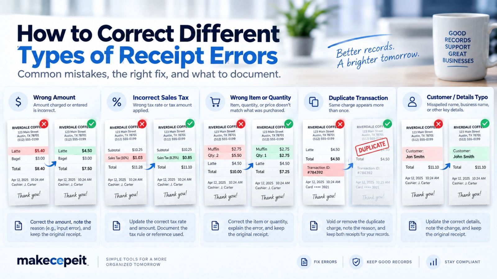 How to correct different types of receipt errors: a wrong amount, incorrect sales tax, a wrong item or quantity, a duplicate transaction, and a customer or details typo — each shown as an incorrect receipt beside its corrected version with a note on what to document