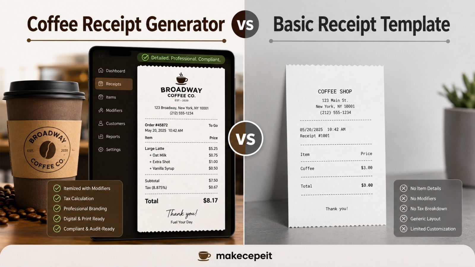 Coffee receipt generator vs a basic receipt template: an itemized Broadway Coffee Co. receipt with per-modifier pricing, a tax breakdown and total, beside a generic receipt showing only "Coffee $3.00"
