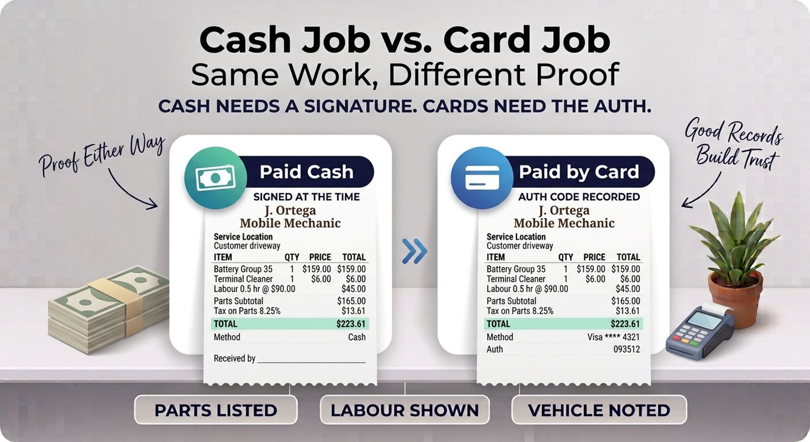 A mechanic receipt template shown as a clean banner layout, with an independent mechanic's business name at the top, the service location and vehicle mileage beneath, separate parts and labor lines, a cash payment row and a signature line at the foot.