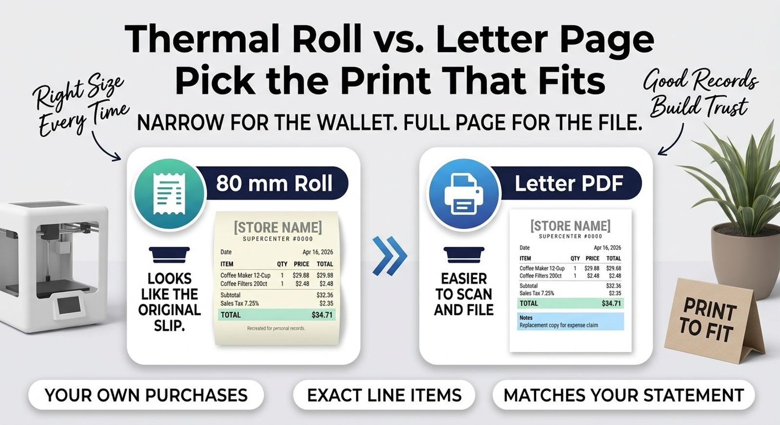 A printable Walmart receipt generator shown as a clean banner layout, with a desktop printer feeding out a narrow receipt on one side and the same record laid out as a full letter page on the other, both showing item lines, a sales tax row and a highlighted total.