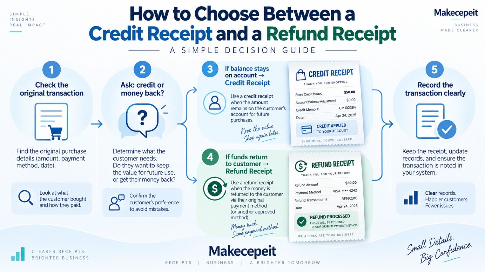 How to choose between a credit receipt and a refund receipt: a five-step decision guide — check the original transaction, ask whether the customer wants credit or money back, use a credit receipt when the balance stays on the account or a refund receipt when funds return, then record the transaction clearly