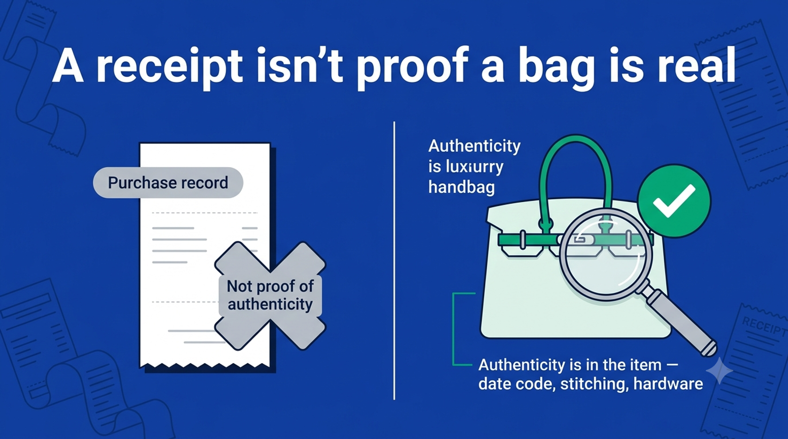 A receipt is a purchase record, not proof a luxury bag is authentic — authenticity is judged from the item's date code, stitching and hardware