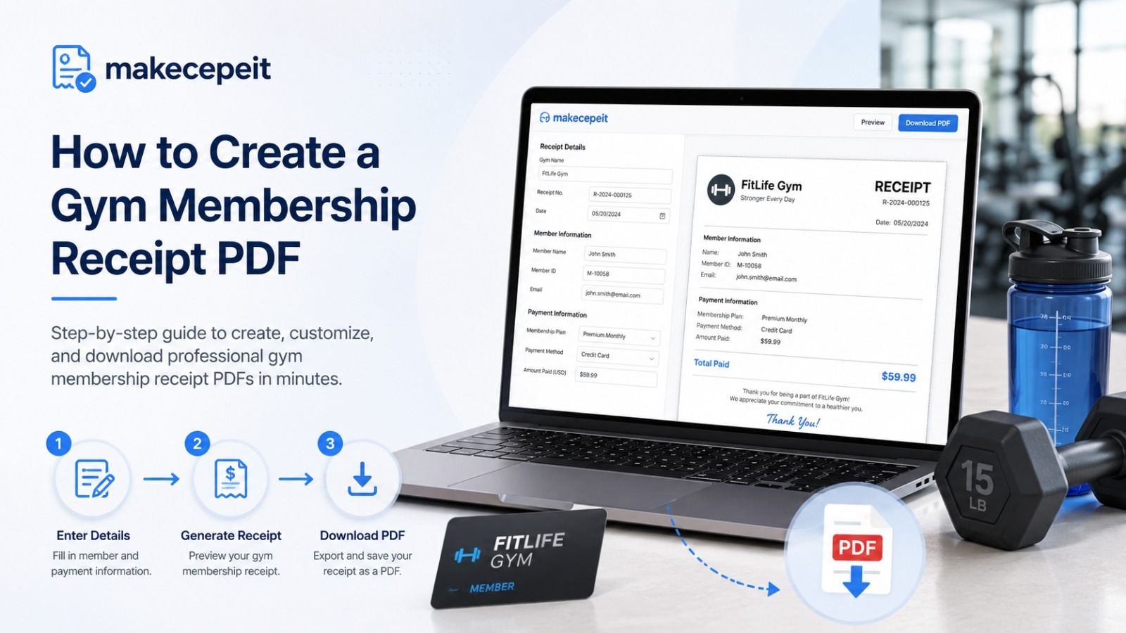 How to create a gym membership receipt PDF: enter the member and payment details, generate the receipt in a live preview, then download it as a PDF
