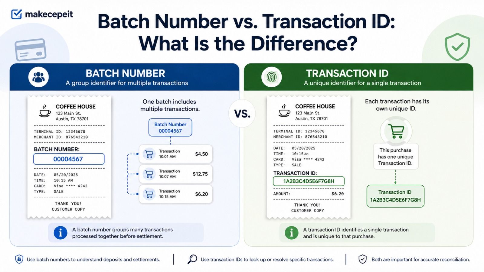 Batch number vs. transaction ID: a coffee-shop receipt whose batch number (00004567) groups multiple transactions on the left, beside a receipt whose transaction ID (1A2B3C4D5E6F7G8H) is unique to a single purchase on the right