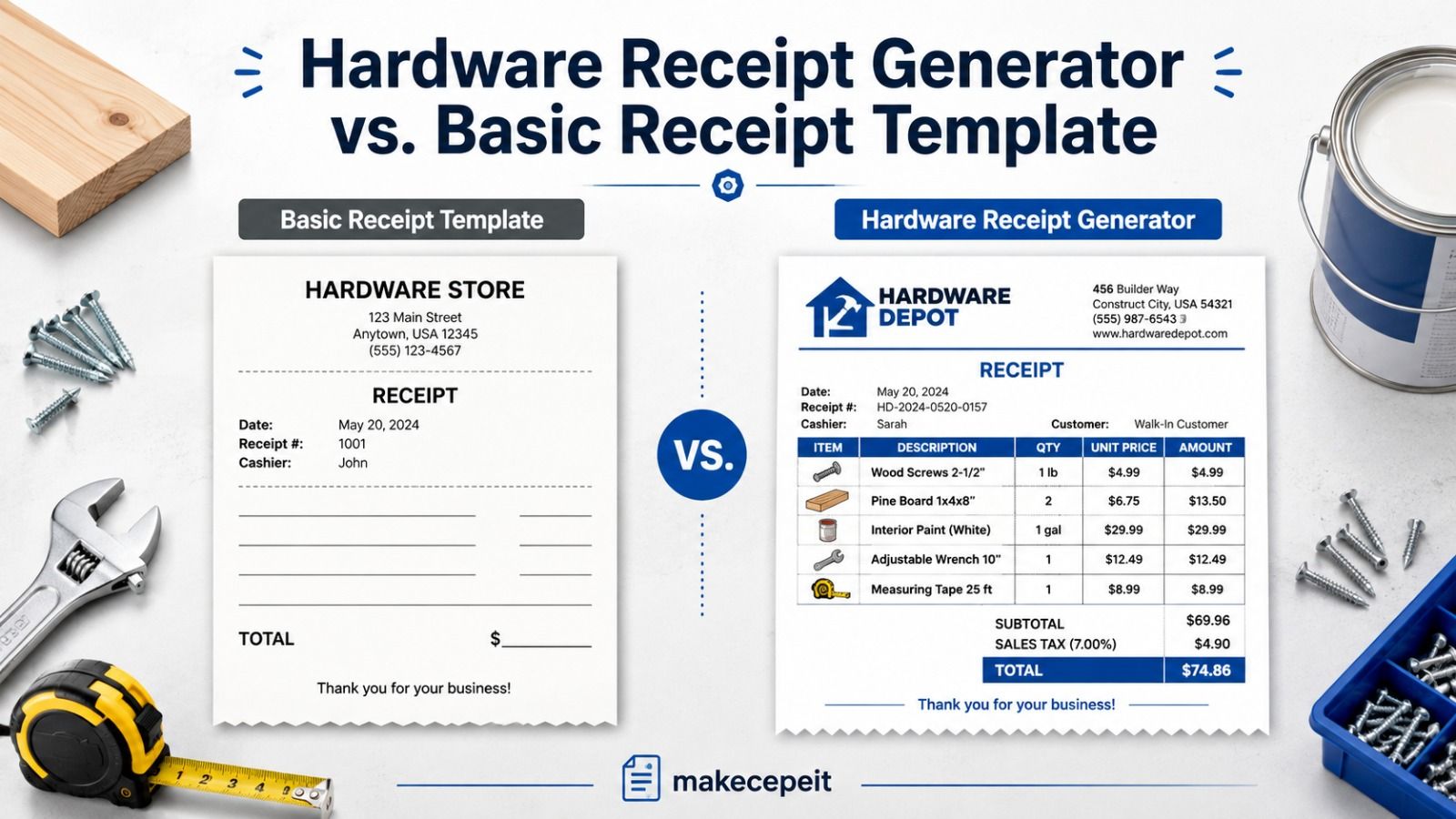 Hardware receipt generator vs. a basic receipt template: a blank basic receipt beside an itemized hardware receipt with per-material descriptions, quantities, unit prices and line totals