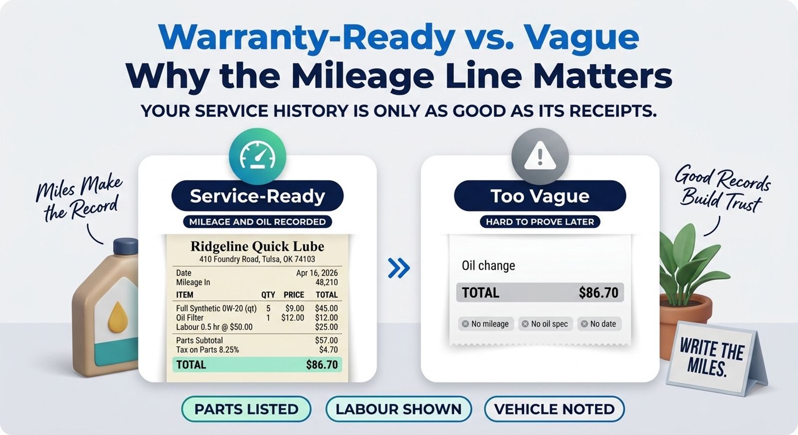 An oil change receipt template shown as a clean banner layout, with a quick-lube business name in the header, mileage in and oil specification rows beneath, quantity and filter lines, a highlighted total and a next-service-due line at the foot.