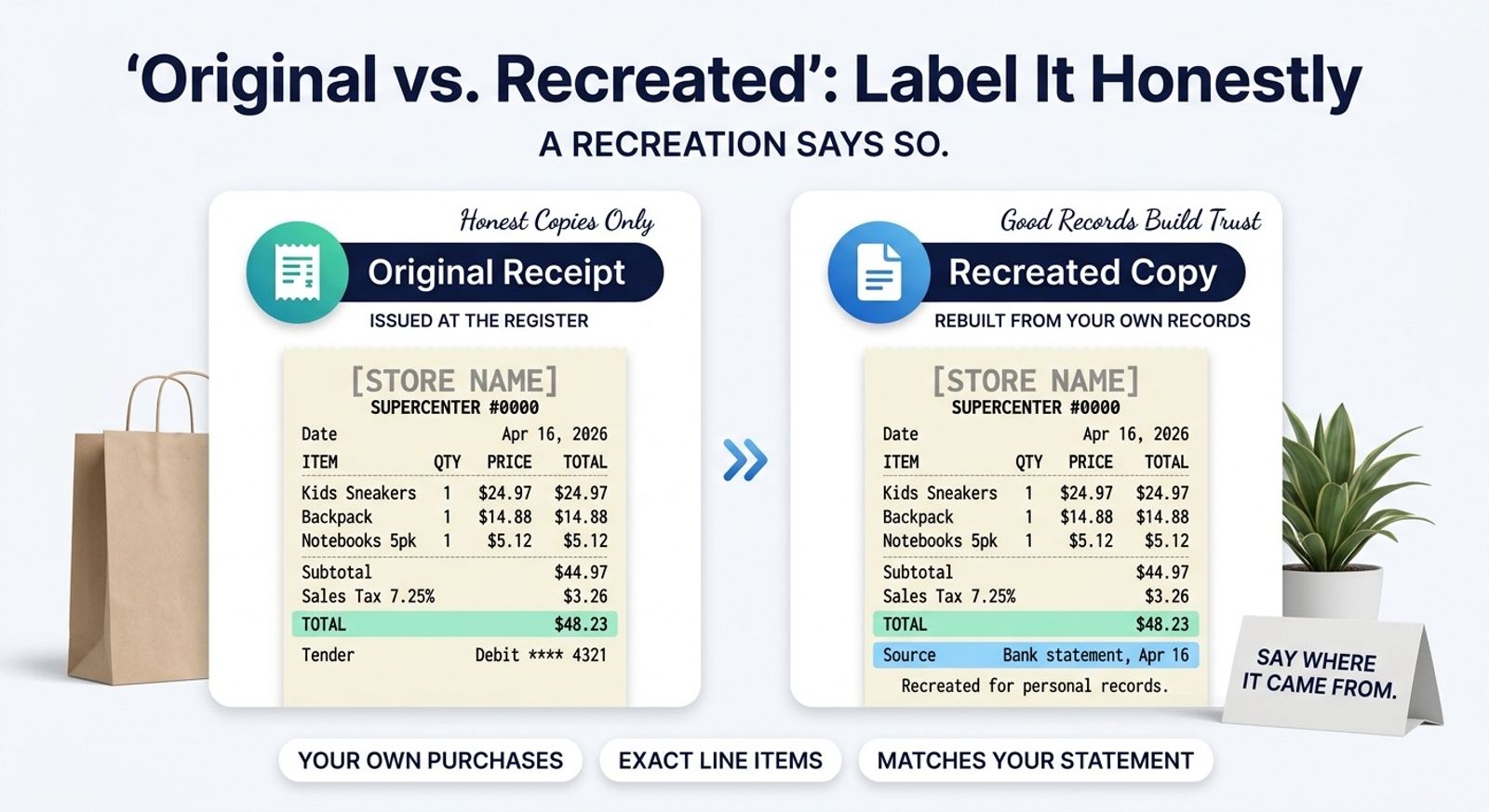 A Walmart receipt generator shown as a clean banner layout, with a placeholder store name and store number in the header, a dated column of item lines with quantities and unit prices, a subtotal, a sales tax row and a highlighted total above the tender line.