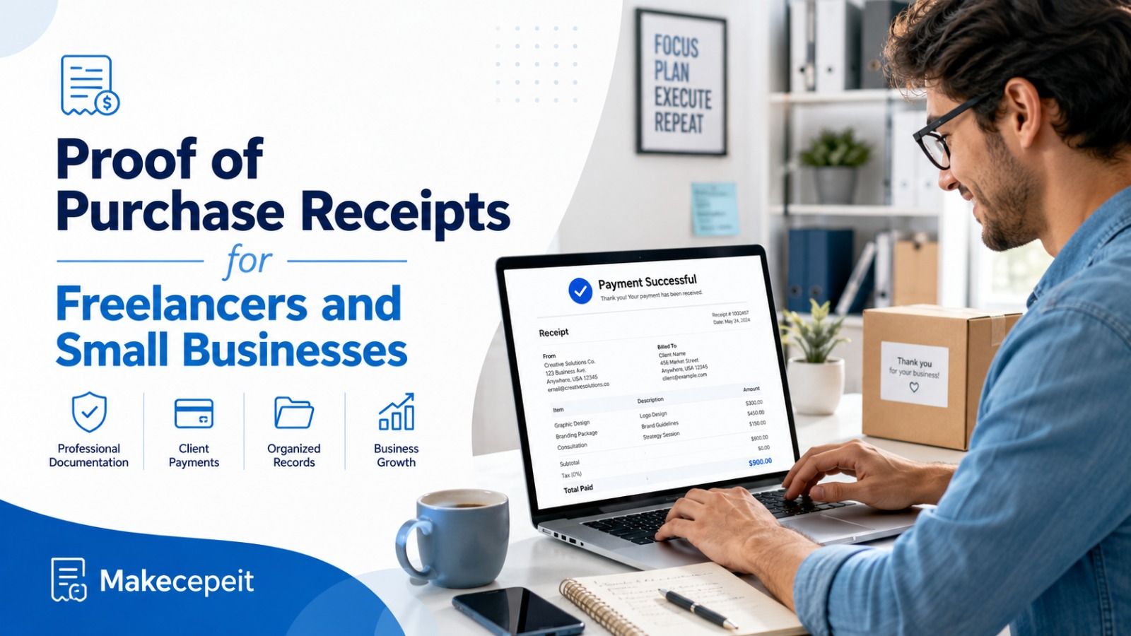 Proof of purchase receipts for freelancers and small businesses: a payment-successful receipt on a laptop itemizing design services with subtotal, tax and total paid — professional documentation for client payments