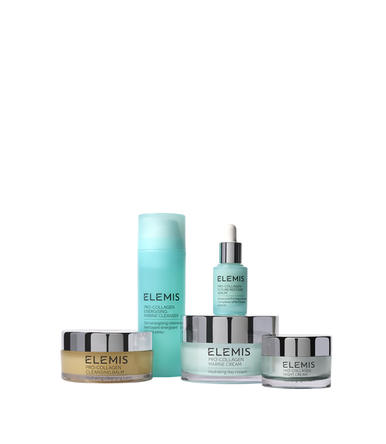 Elemis Pro-Collagen Complete Skincare Routine gift set with products displayed against a teal background Elemis Pro-Collagen Complete Skincare Routine gift set with products displayed against a teal background