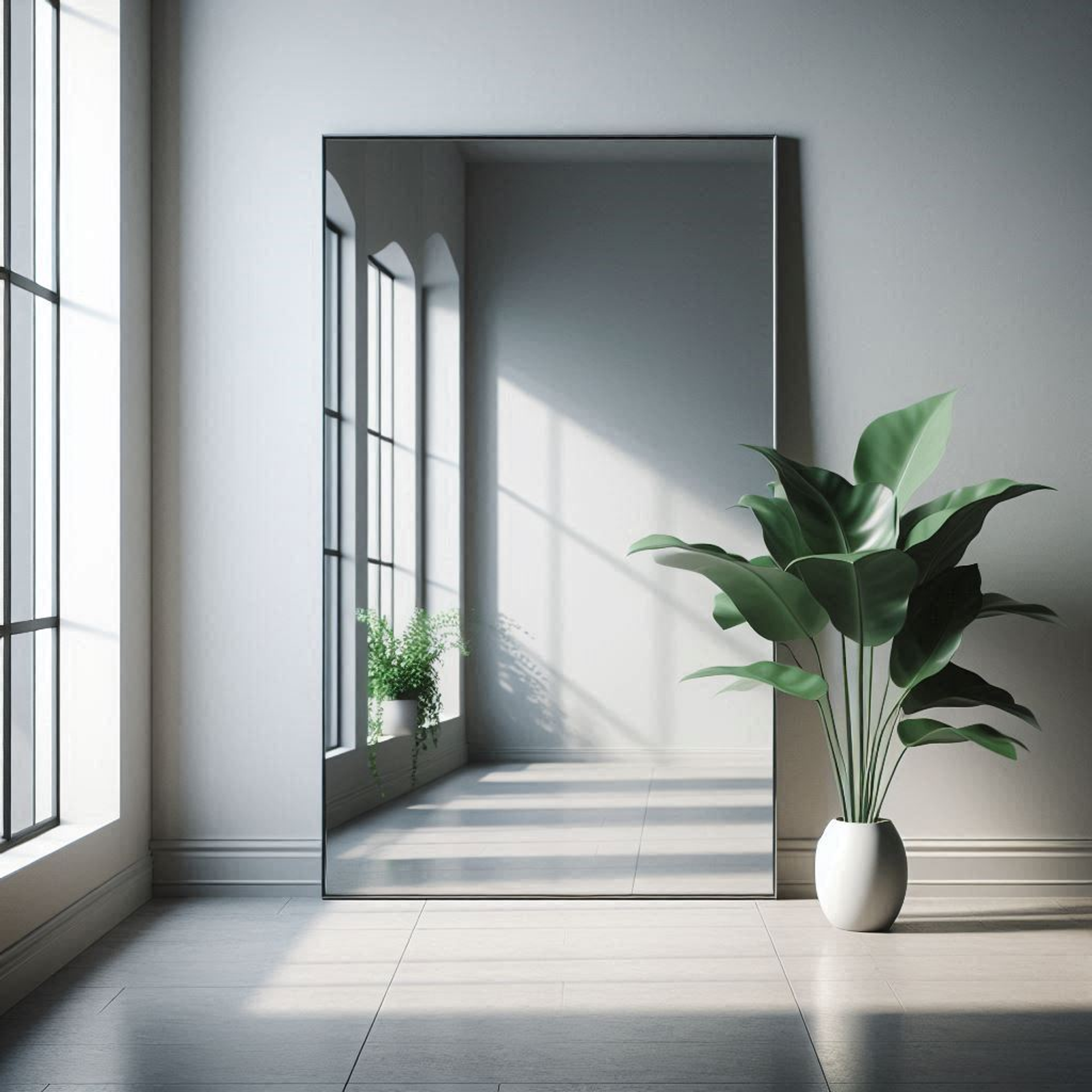 a large mirror hangs on a wall next to a potted planture