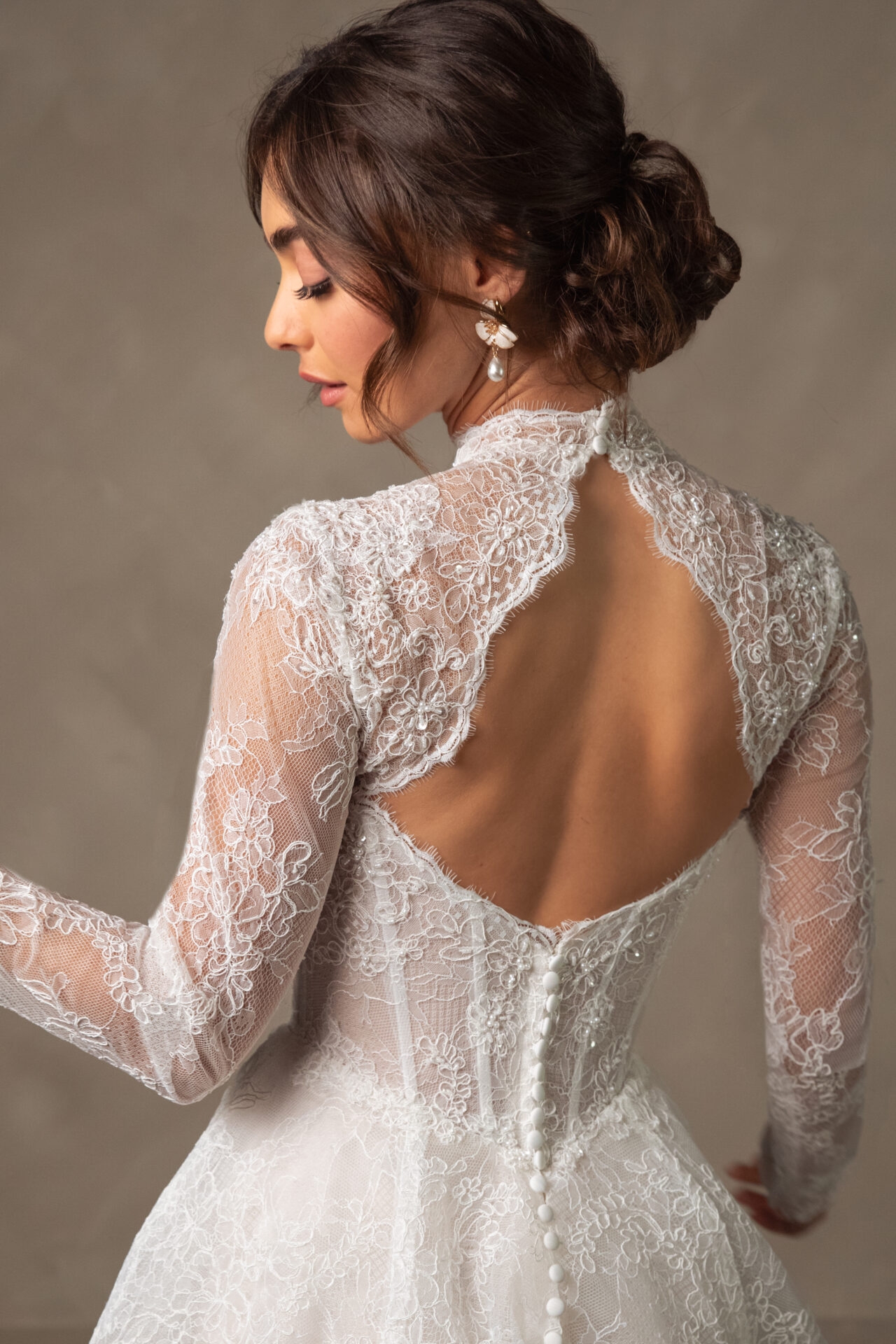 Elegant High Neckline Lace A-Line Wedding Dress with Long Sleeves