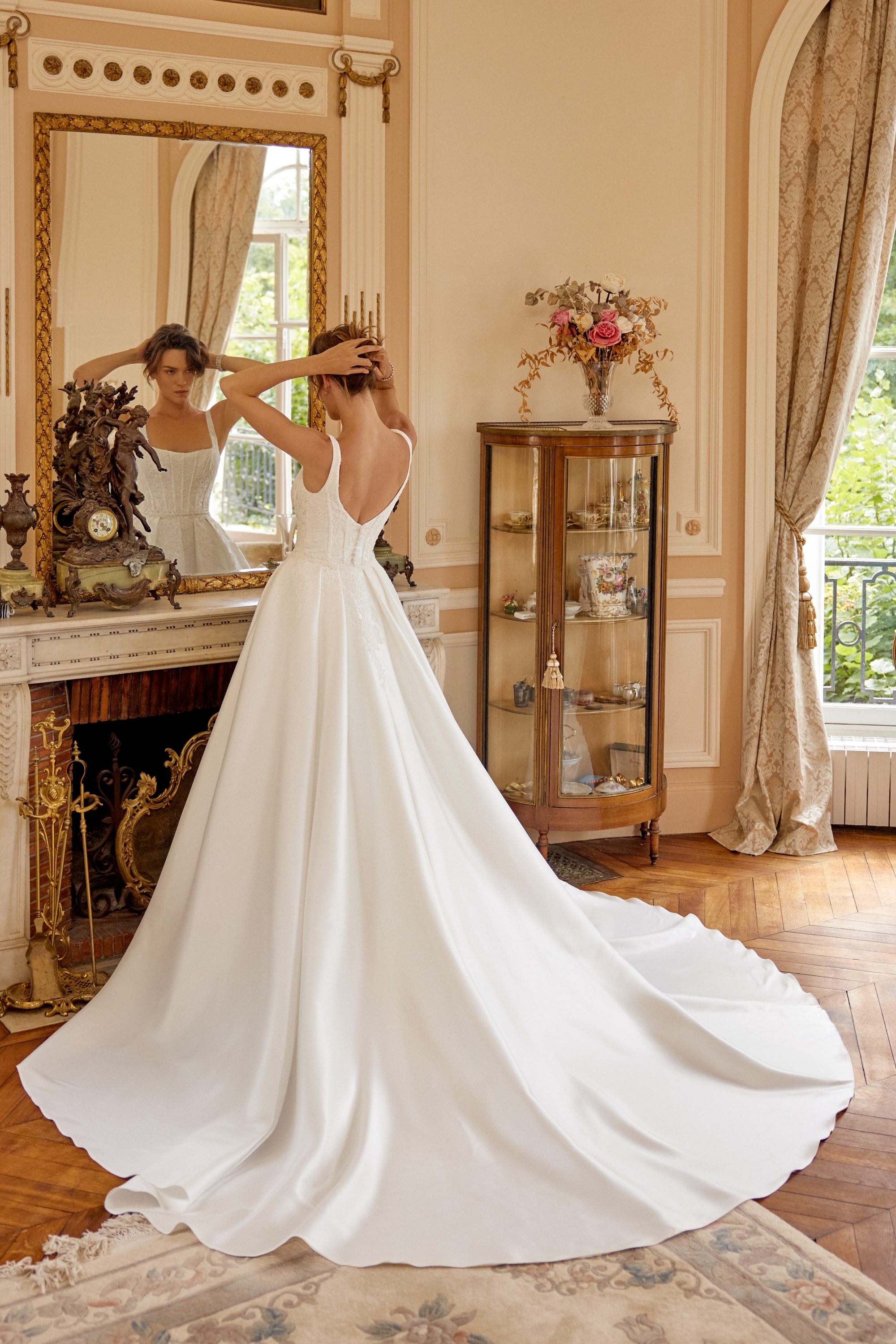 Mikado Fit and Flare with Matte Lace Appliqués and Basque Waistline