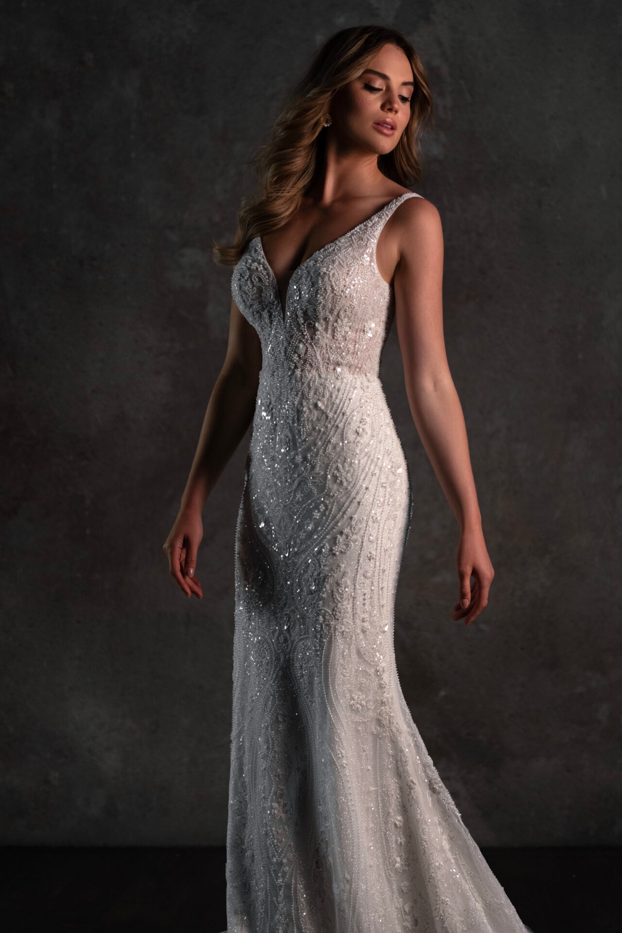 Beaded Tulle Wedding Dress with Linear Pearl Embroidery