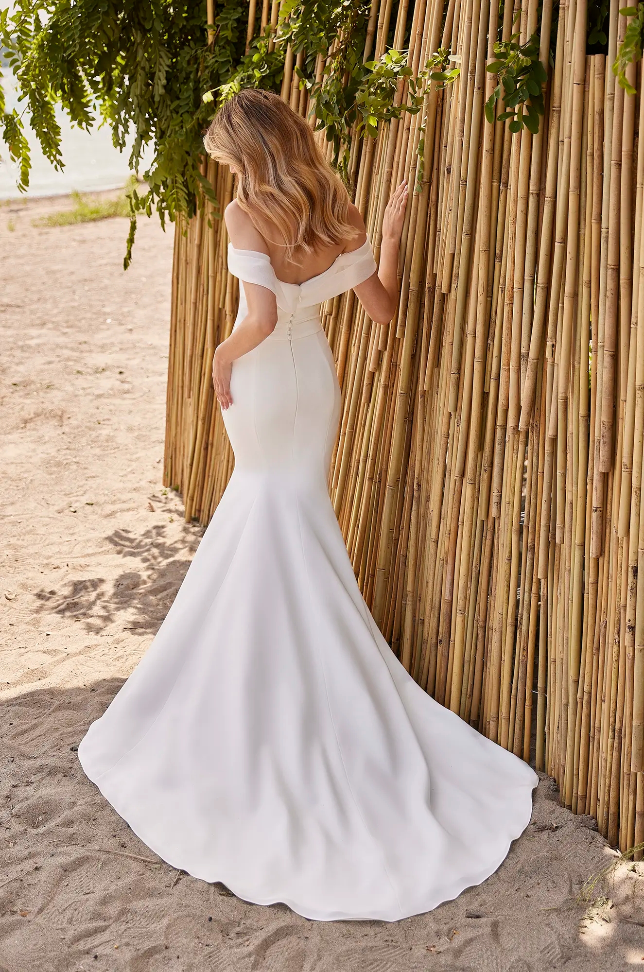 Organza and Crêpe Fit and Flare with Off-the-Shoulder Drape
