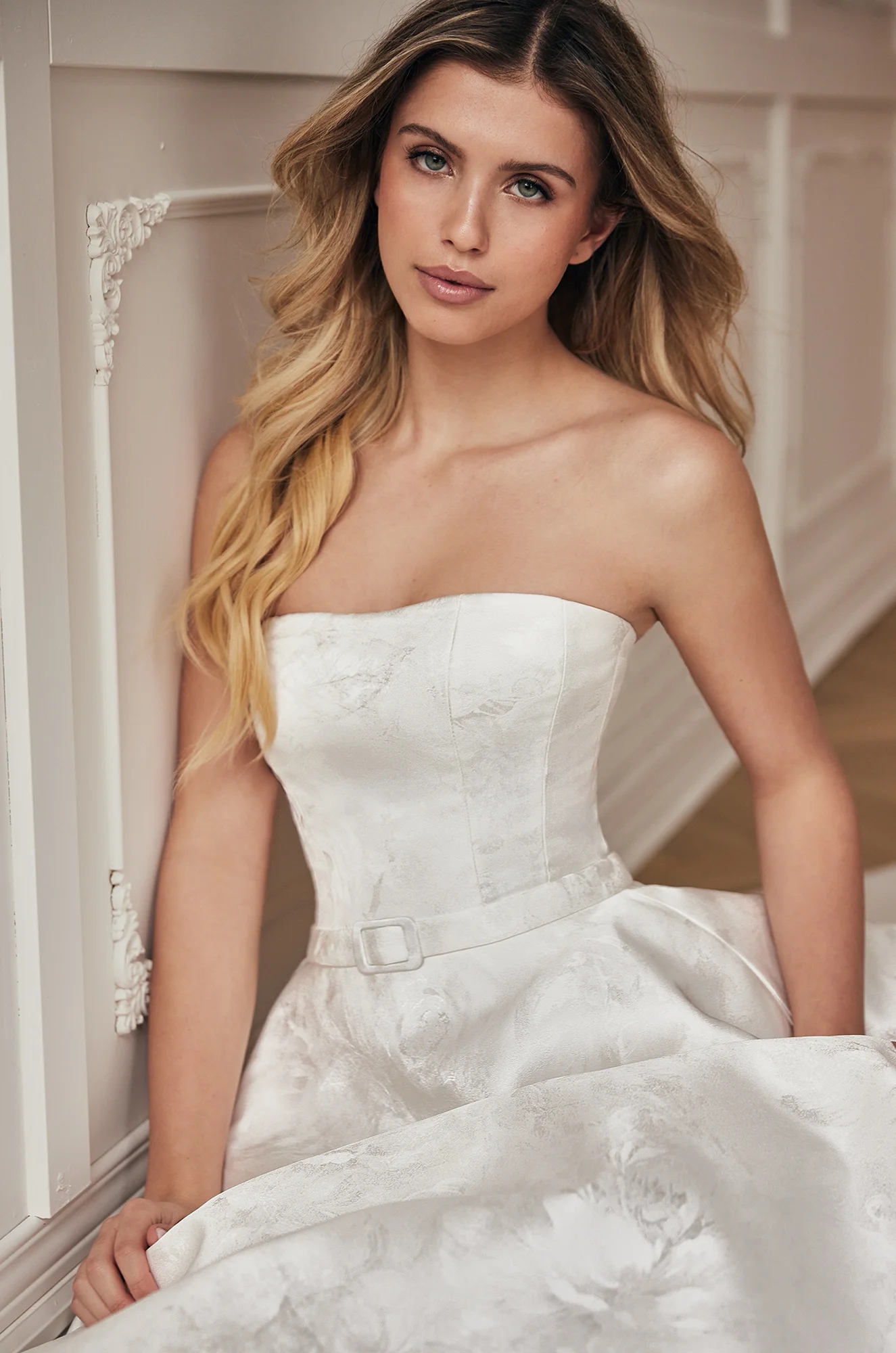 Jacquard Ballgown with Straight Neckline and Belt