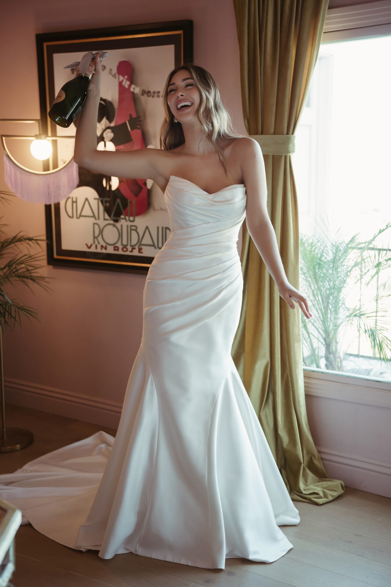 Strapless Mikado Fit-and-Flare Wedding Gown with Ruched Bodice