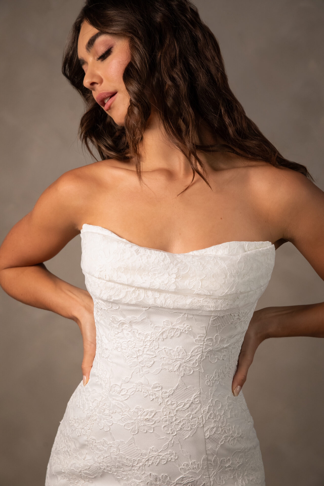 Romantic Allover Lace Fit-and-Flare Wedding Dress with Scalloped Train