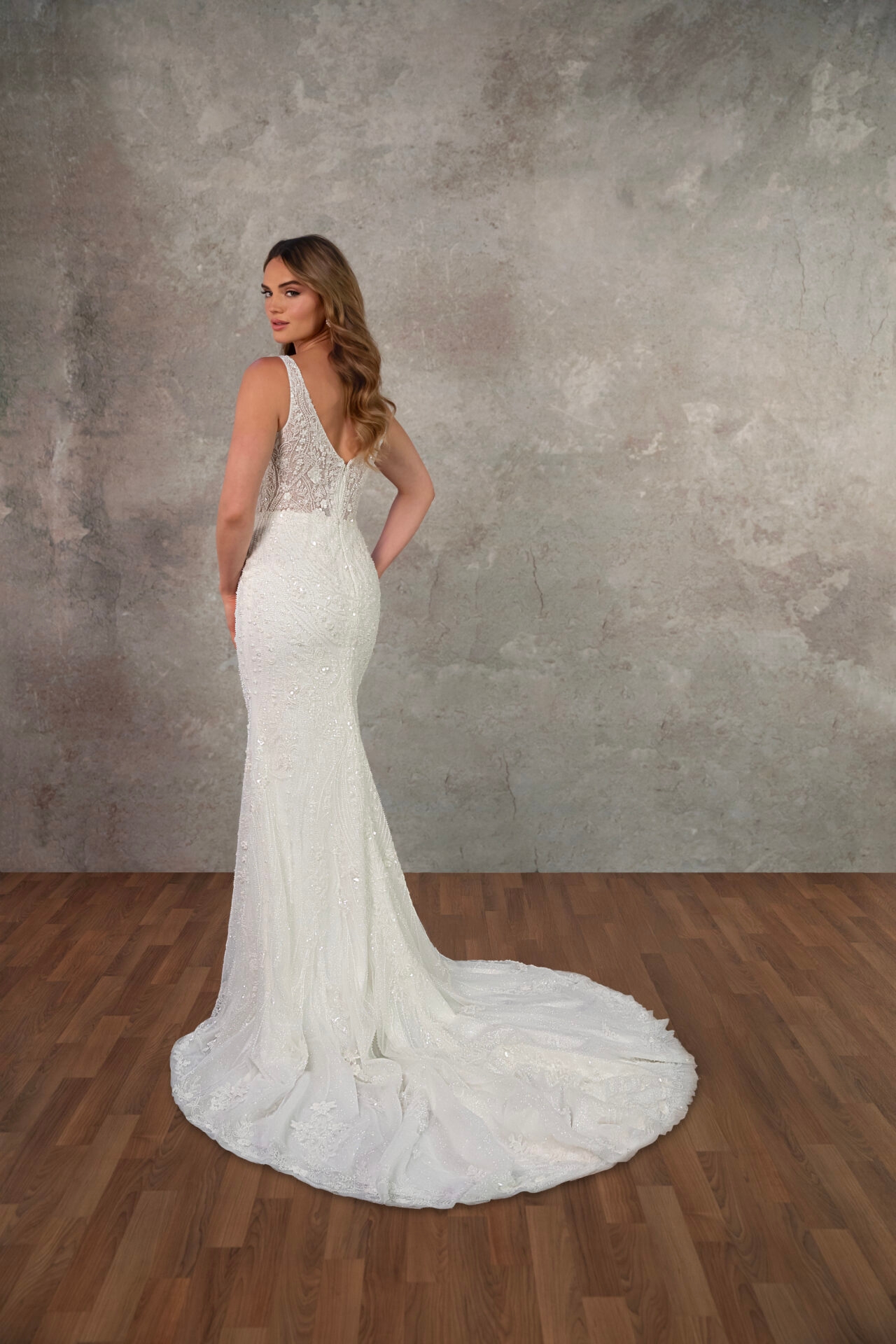 Beaded Tulle Wedding Dress with Linear Pearl Embroidery