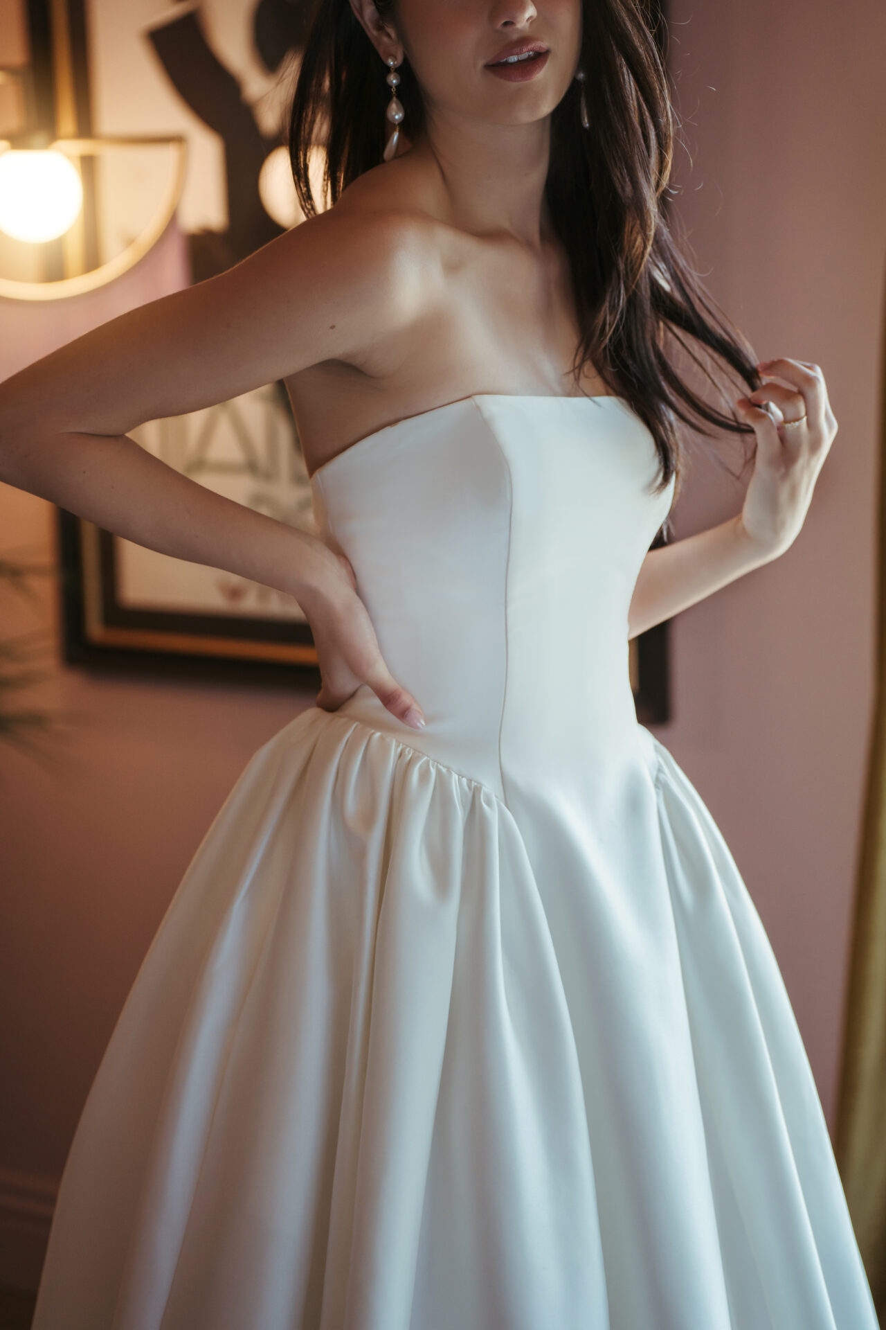 Strapless Mikado Ballgown Wedding Gown with Architectural Seaming and Pockets