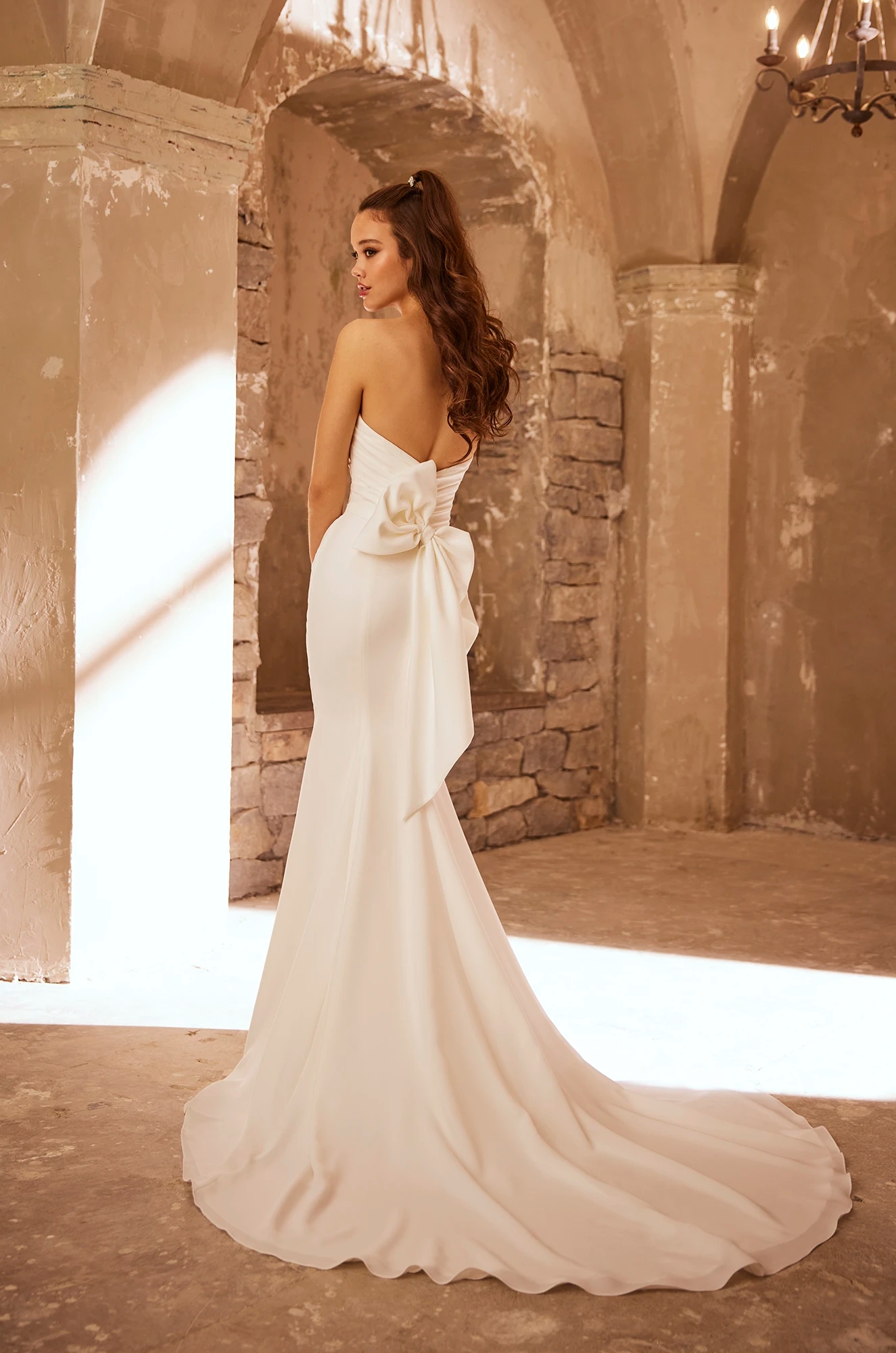 Crepe Fit & Flare Wedding Dress with Detachable Bow