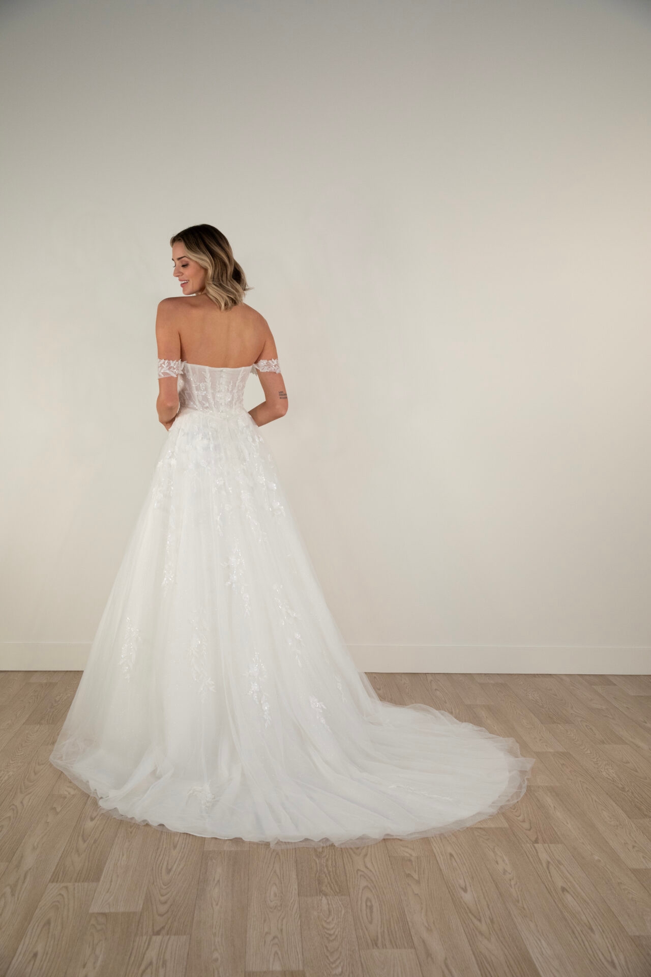 Romantic Lace and Tulle Off-the-Shoulder A-Line Wedding Gown