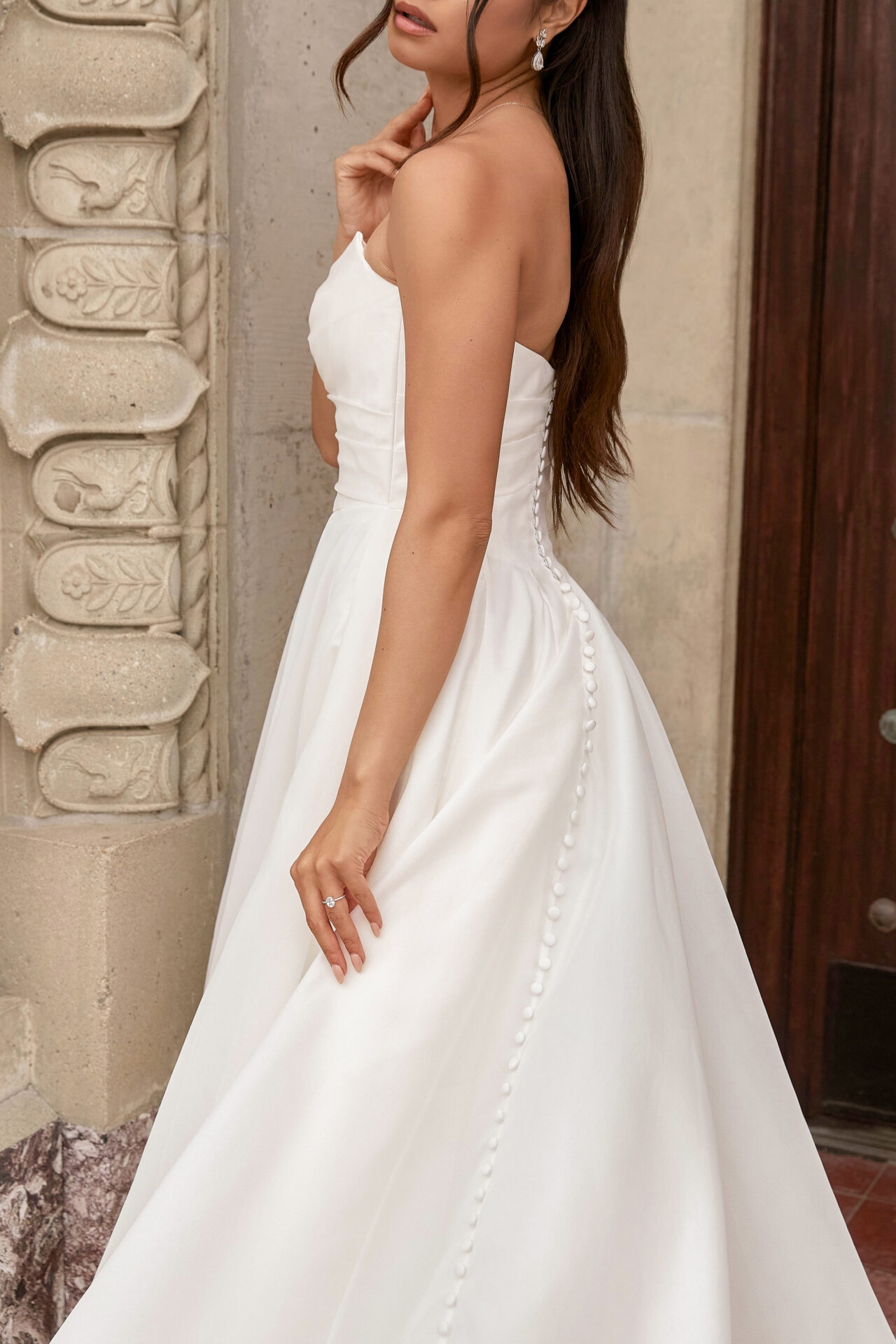 WEDDING DRESS with SLIT and Strapless Draped Bodice