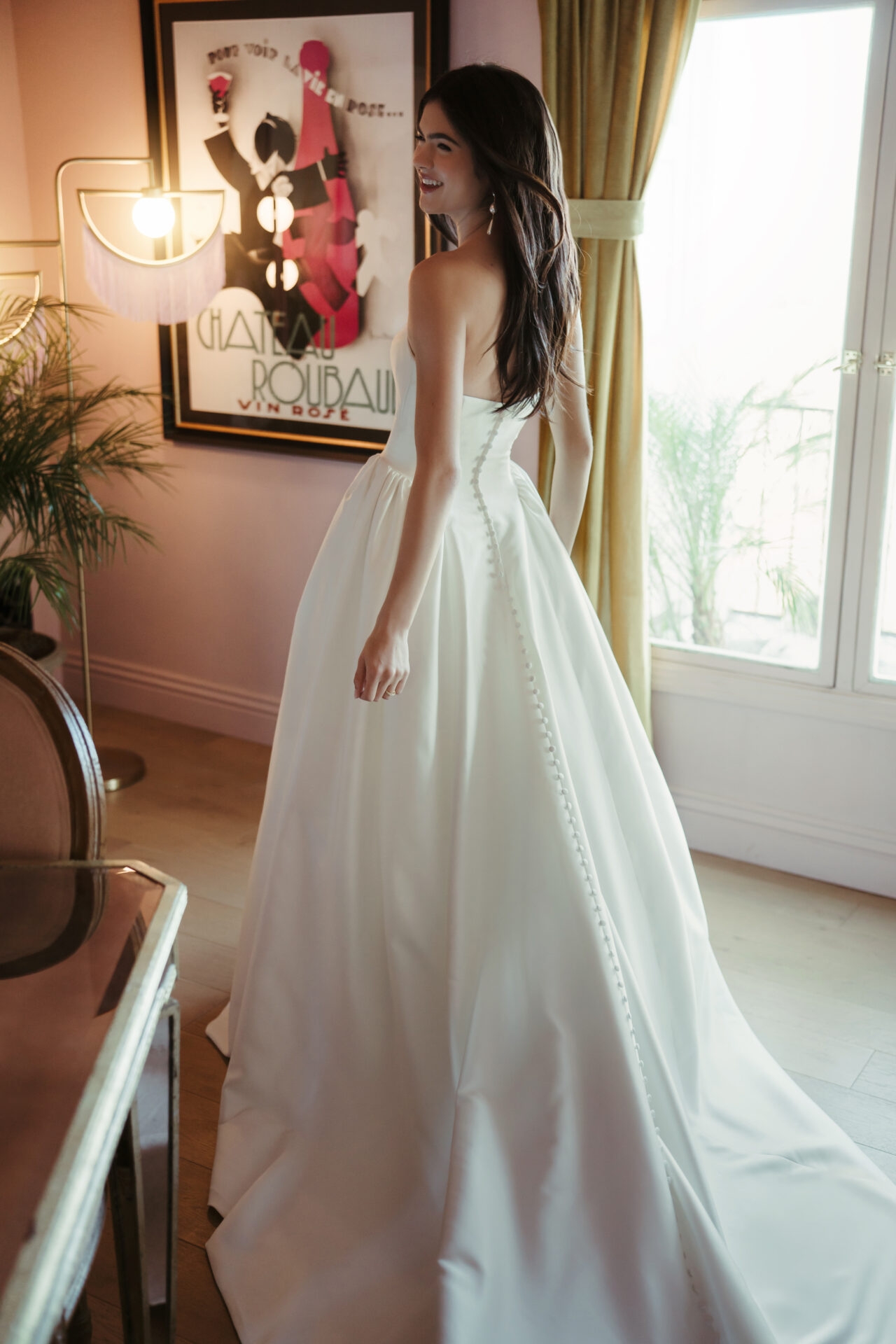 Strapless Mikado Ballgown Wedding Gown with Architectural Seaming and Pockets