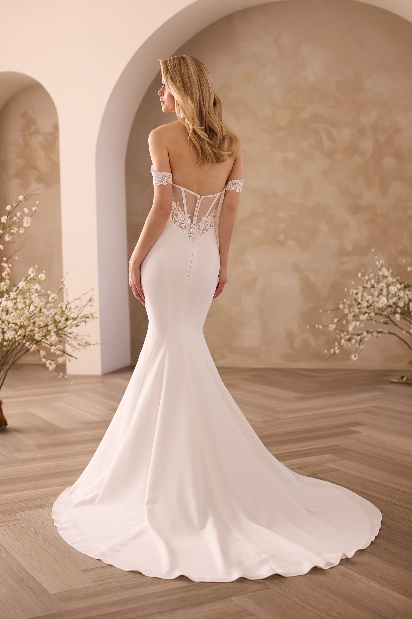 Crêpe and Lace Fit and Flare Wedding Dress with Detachable Sleeves