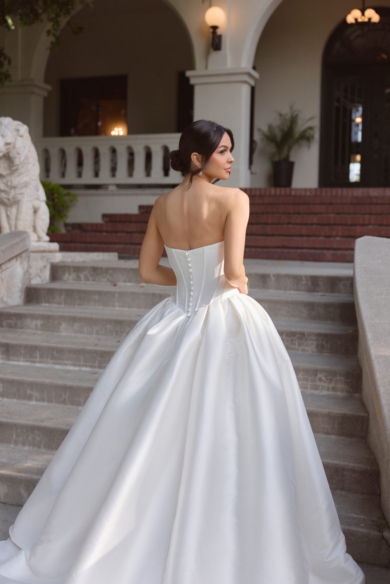 Strapless Cat Eye Ballgown Bridal Dress with Fabric Buttons