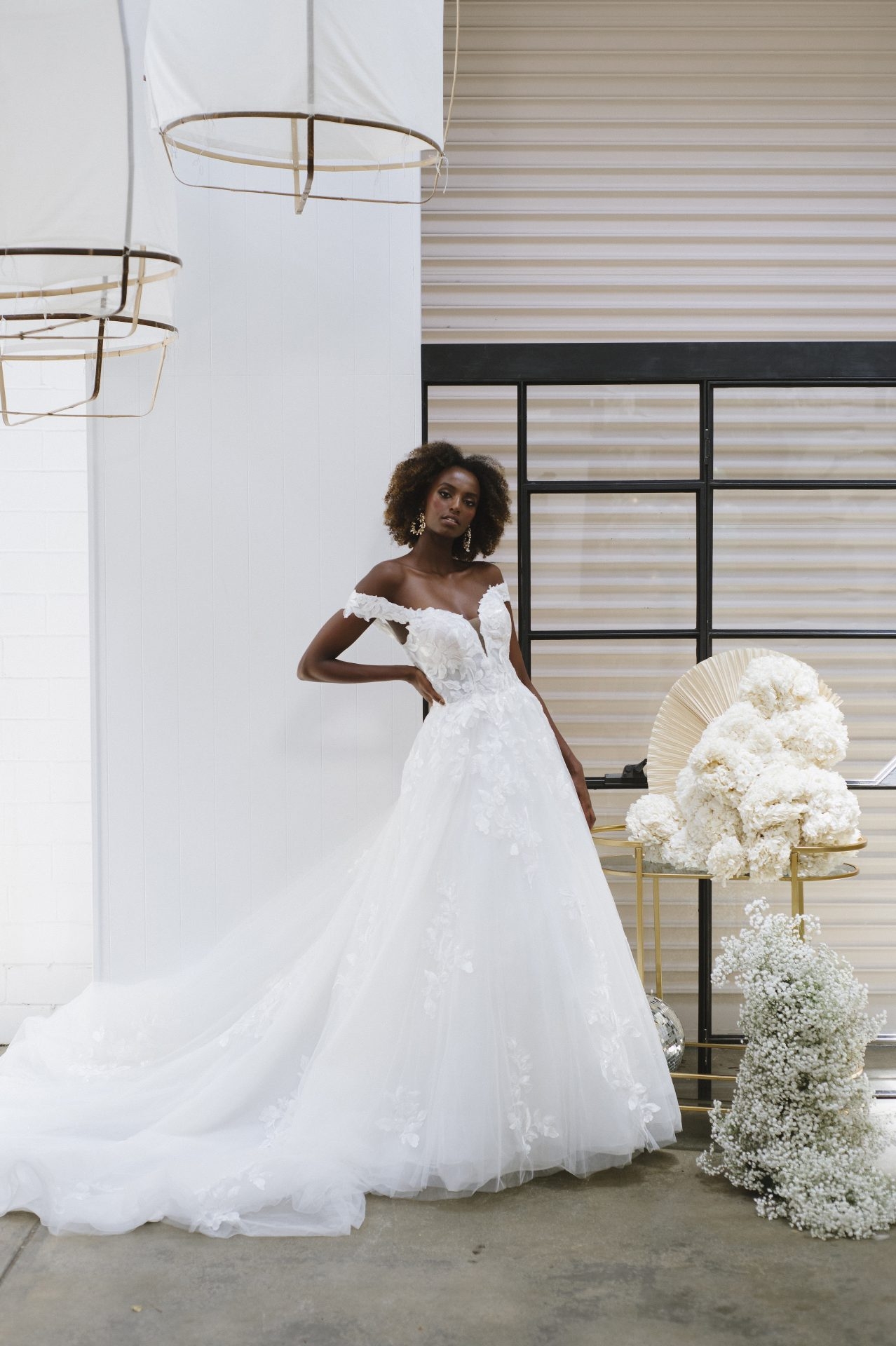 Classic Off-the-Shoulder V-Neckline Gown with Lace Appliques