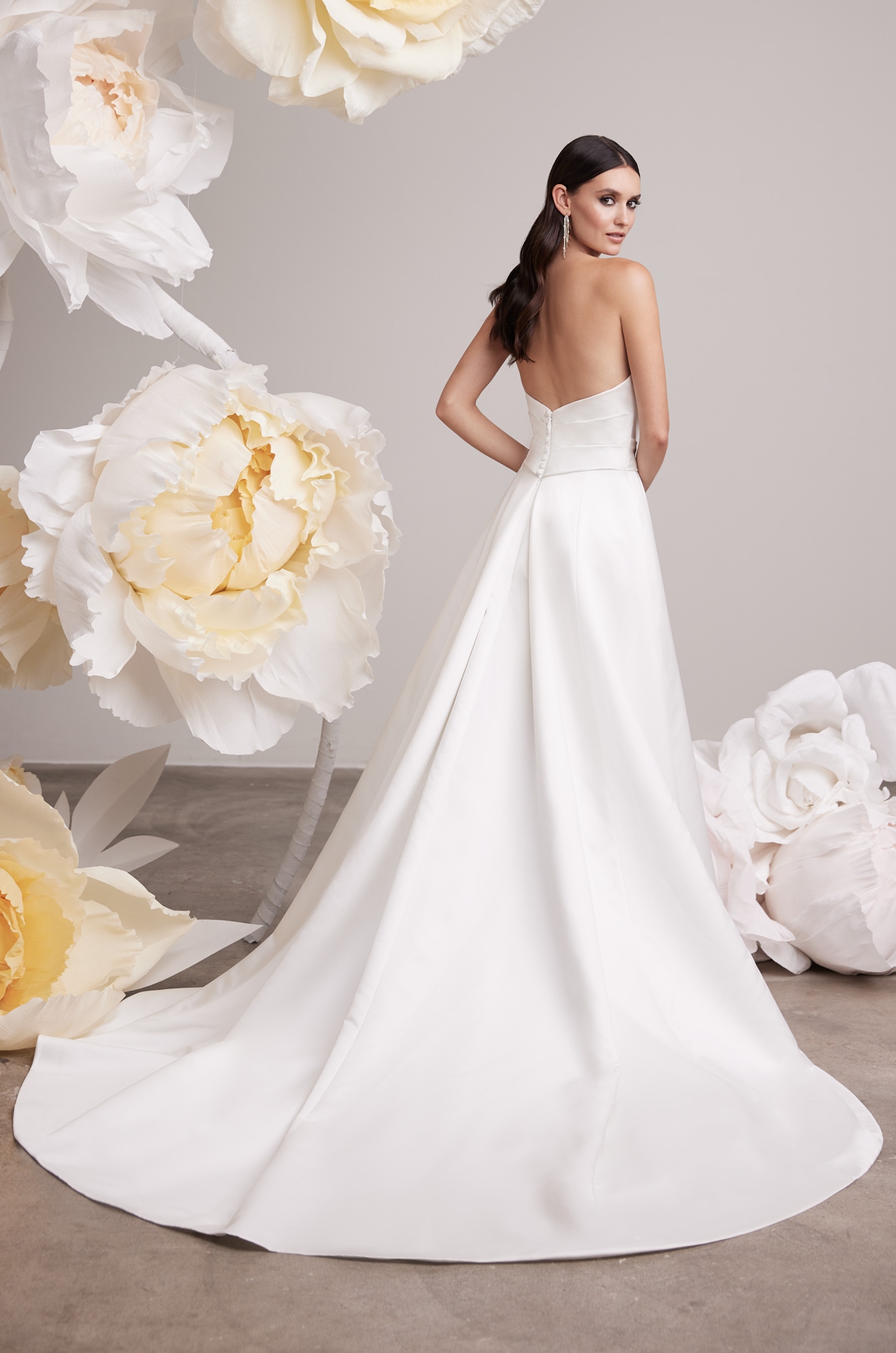 Strapless Duchesse Satin Wedding Dress with Overlap Skirt and Slit