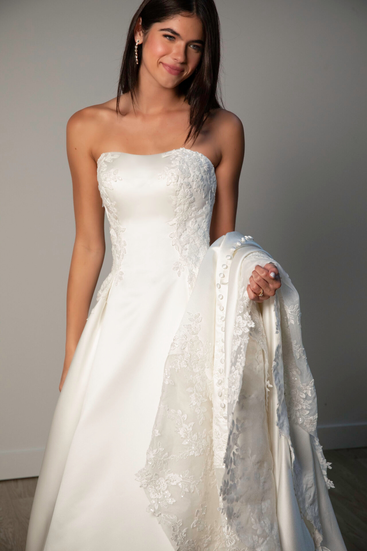 Strapless Lace and Grand Satin A-Line Wedding Gown with Scalloped Cutout Train