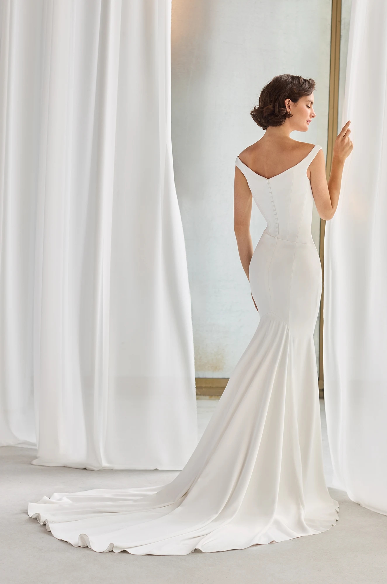 Off-the-Shoulder Charmeuse Fit and Flare Wedding Dress