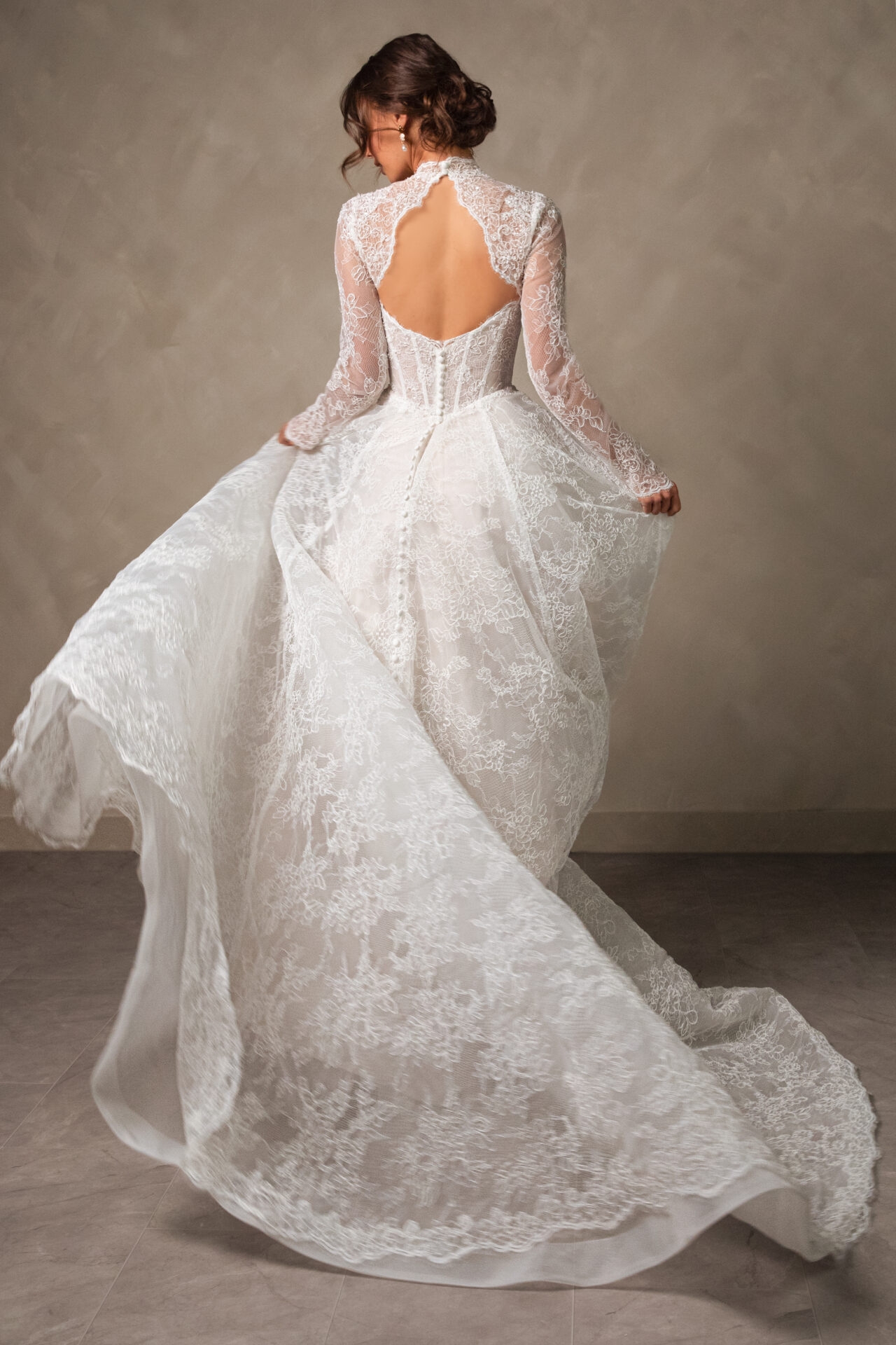 Elegant High Neckline Lace A-Line Wedding Dress with Long Sleeves