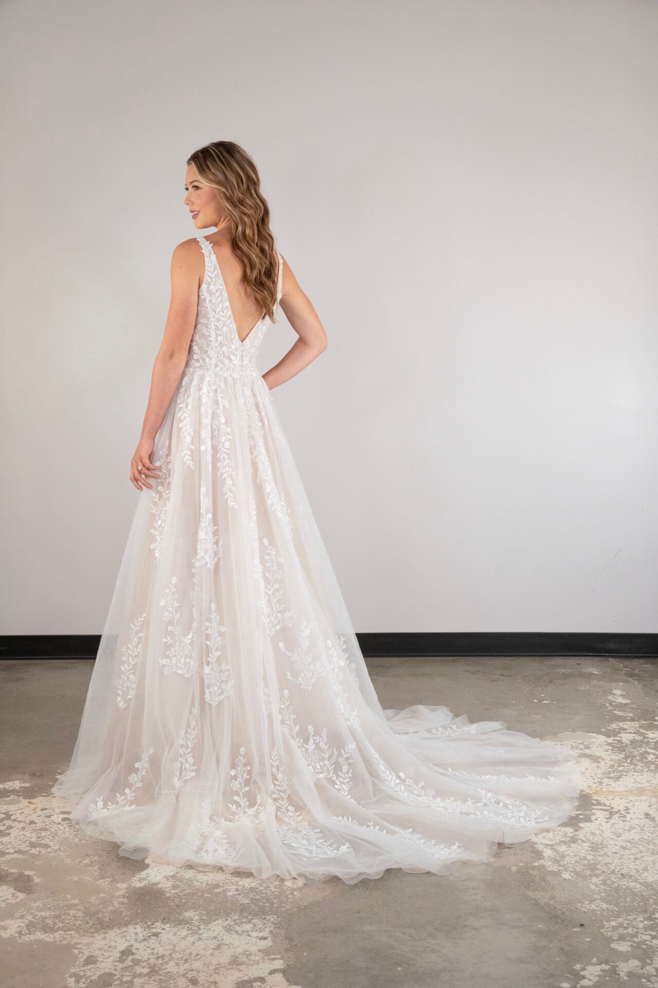 Ethereal Lace, Organza and Tulle A-Line Wedding Dress with Plunging Neckline