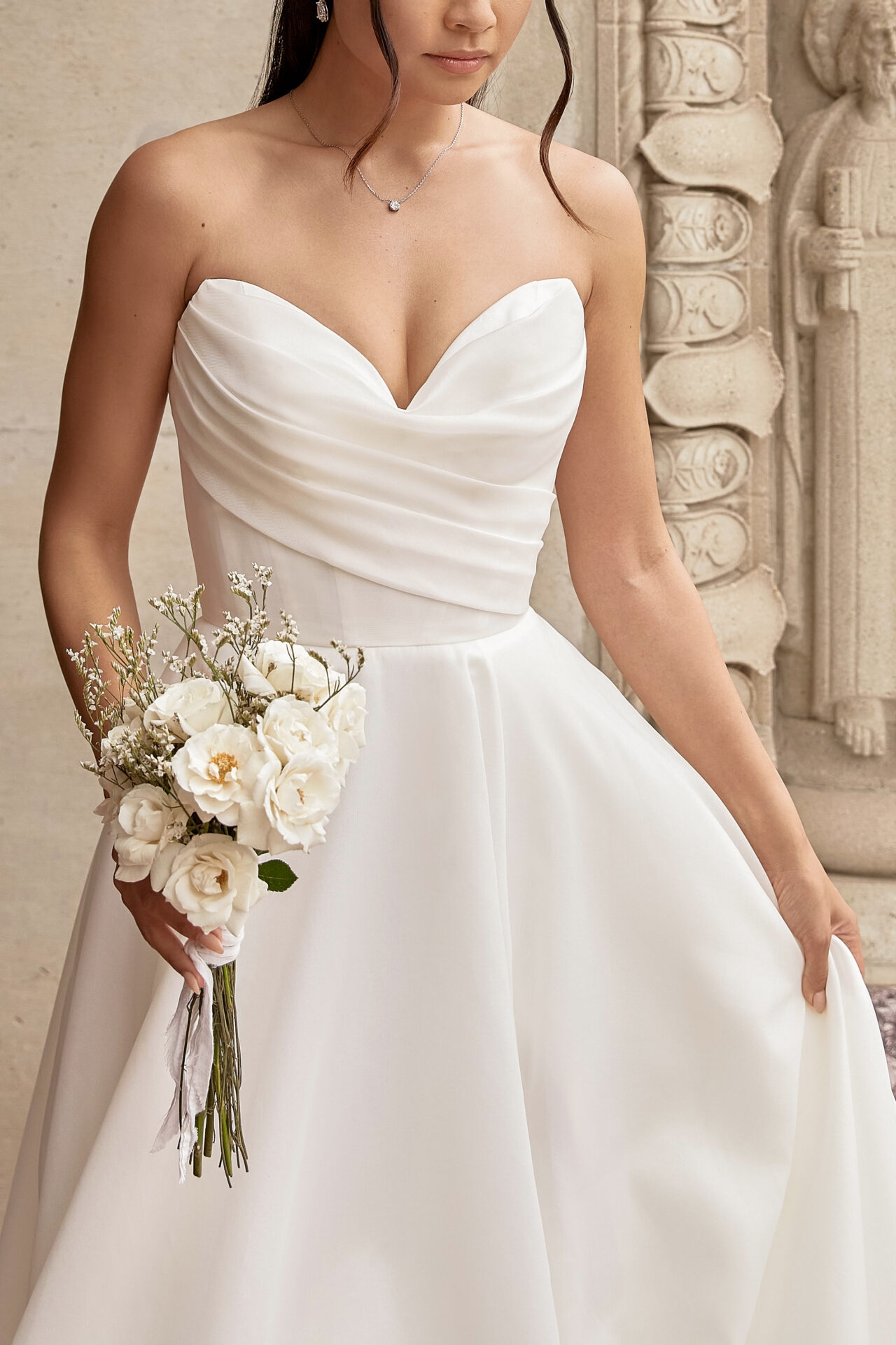 WEDDING DRESS with SLIT and Strapless Draped Bodice