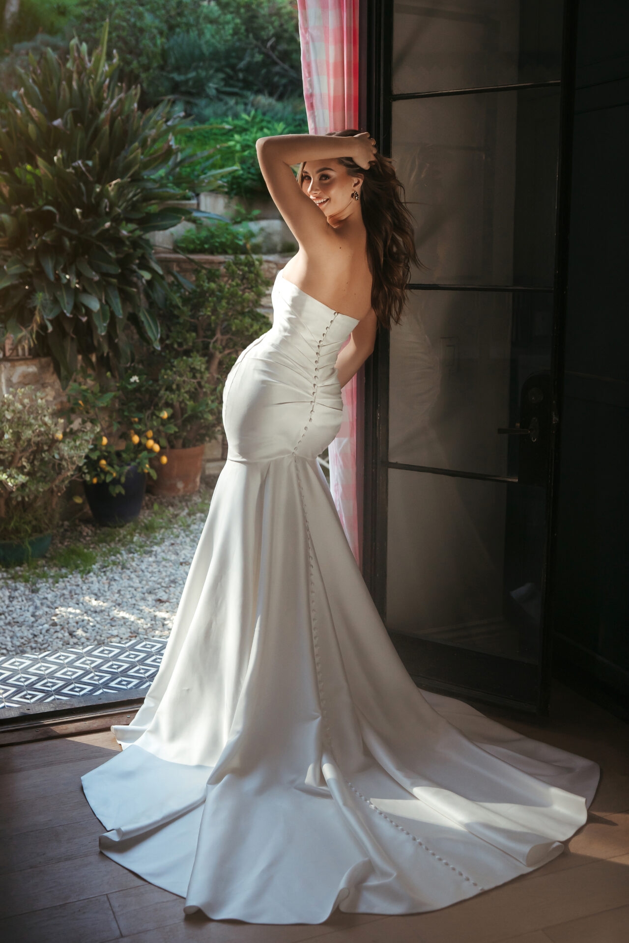 Strapless Mikado Fit-and-Flare Wedding Gown with Ruched Bodice