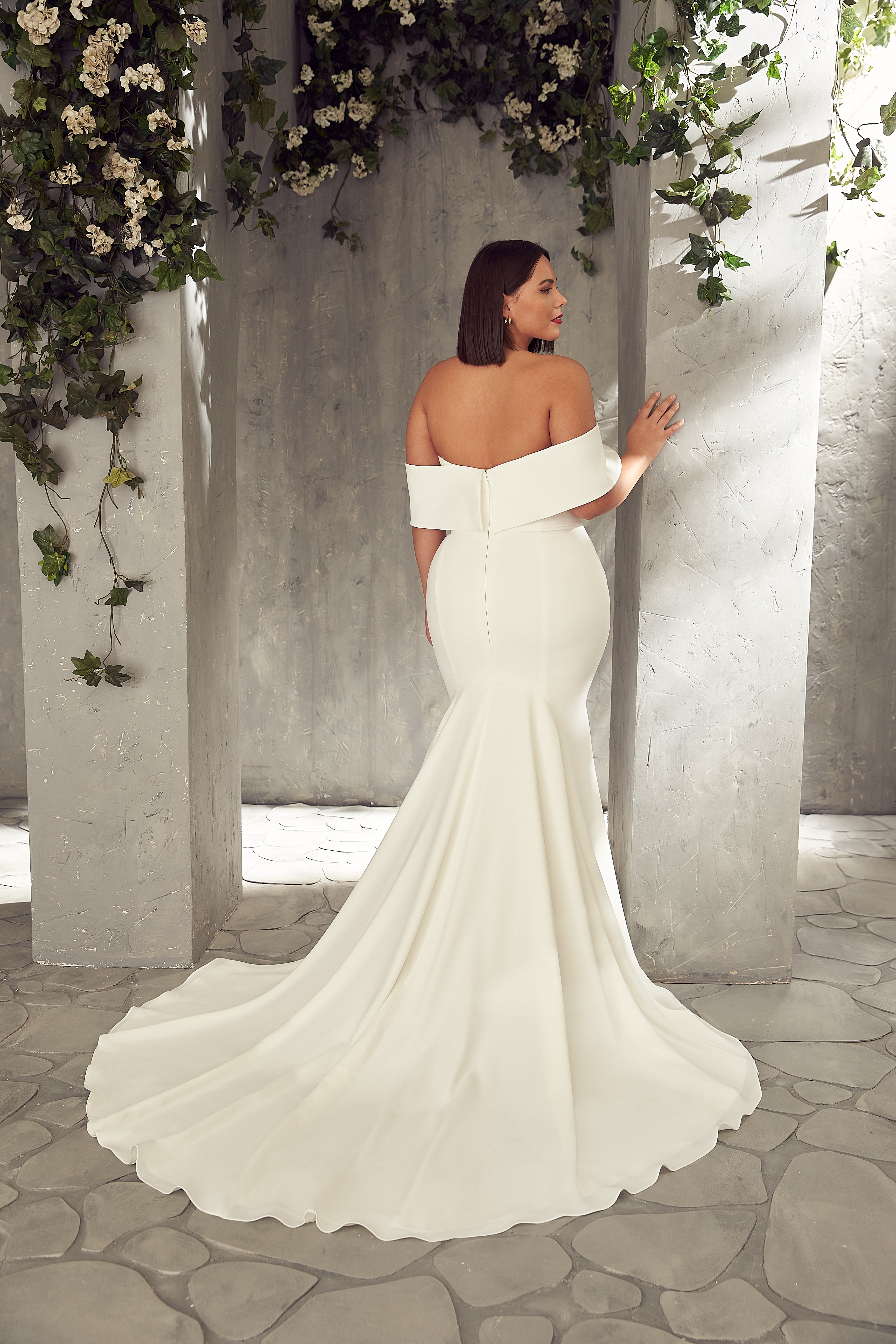 Crêpe Portrait Neckline Fit and Flare Wedding Dress