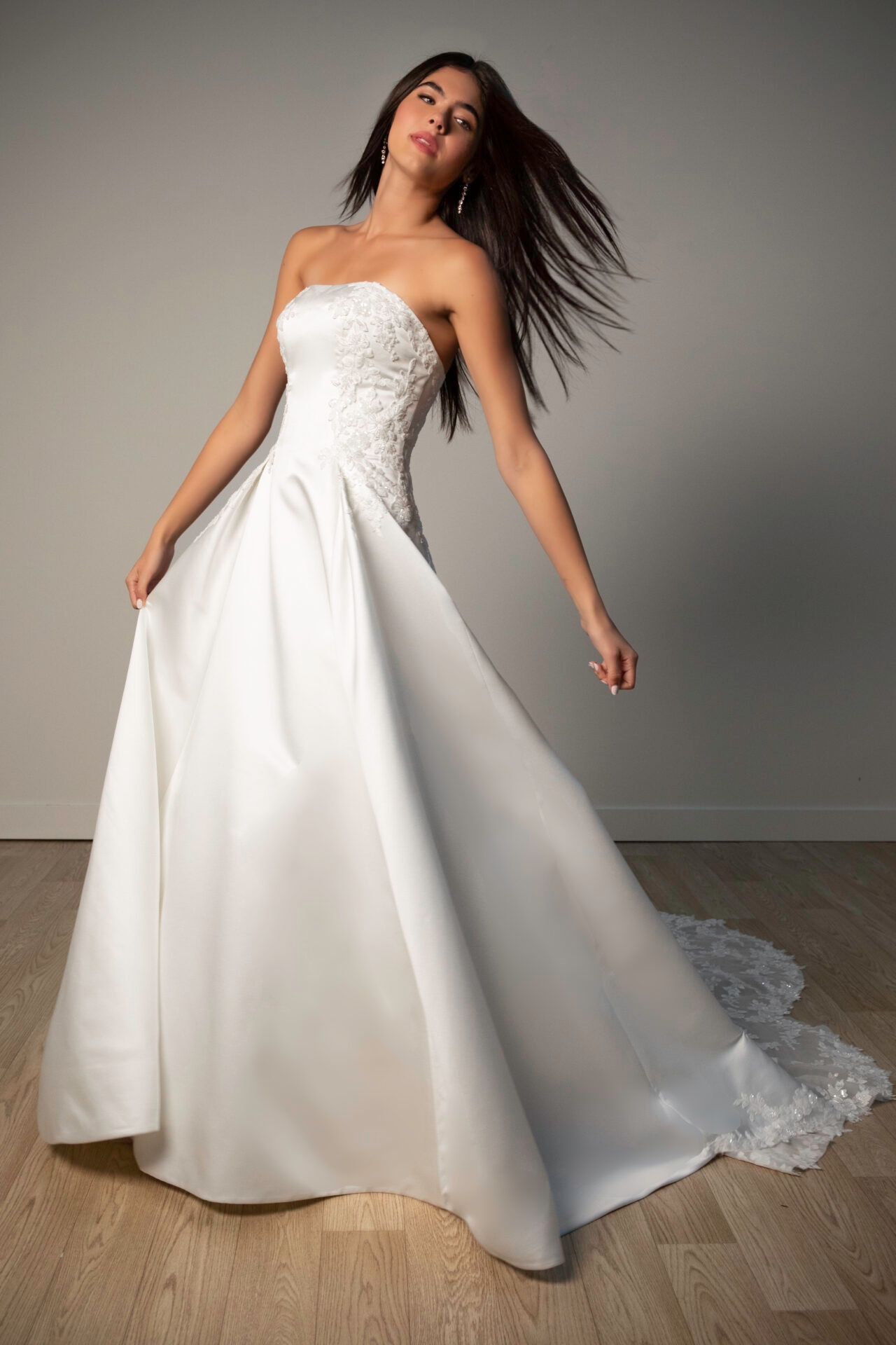 Strapless Lace and Grand Satin A-Line Wedding Gown with Scalloped Cutout Train