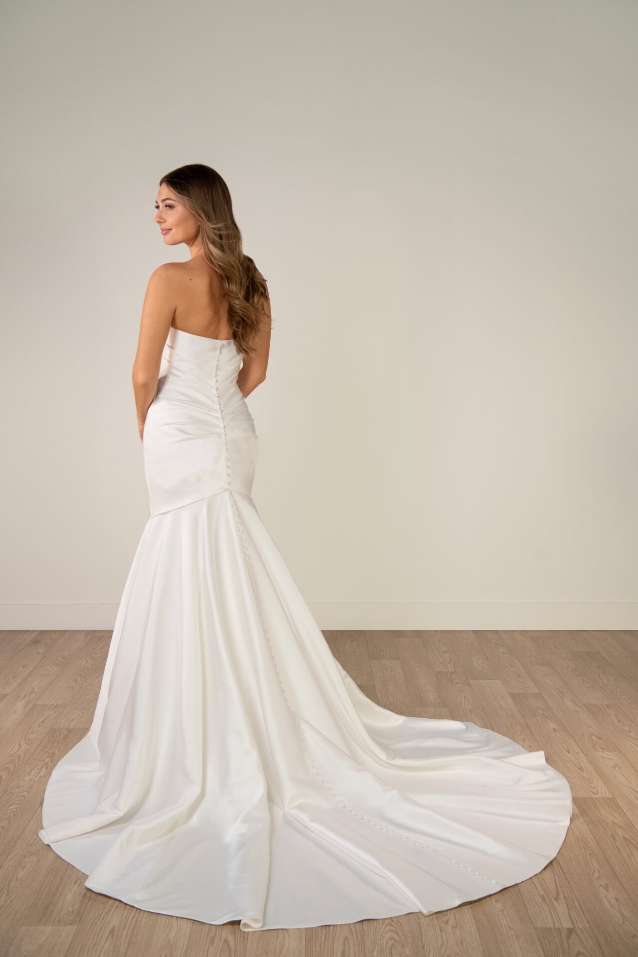 Strapless Mikado Fit-and-Flare Wedding Gown with Ruched Bodice