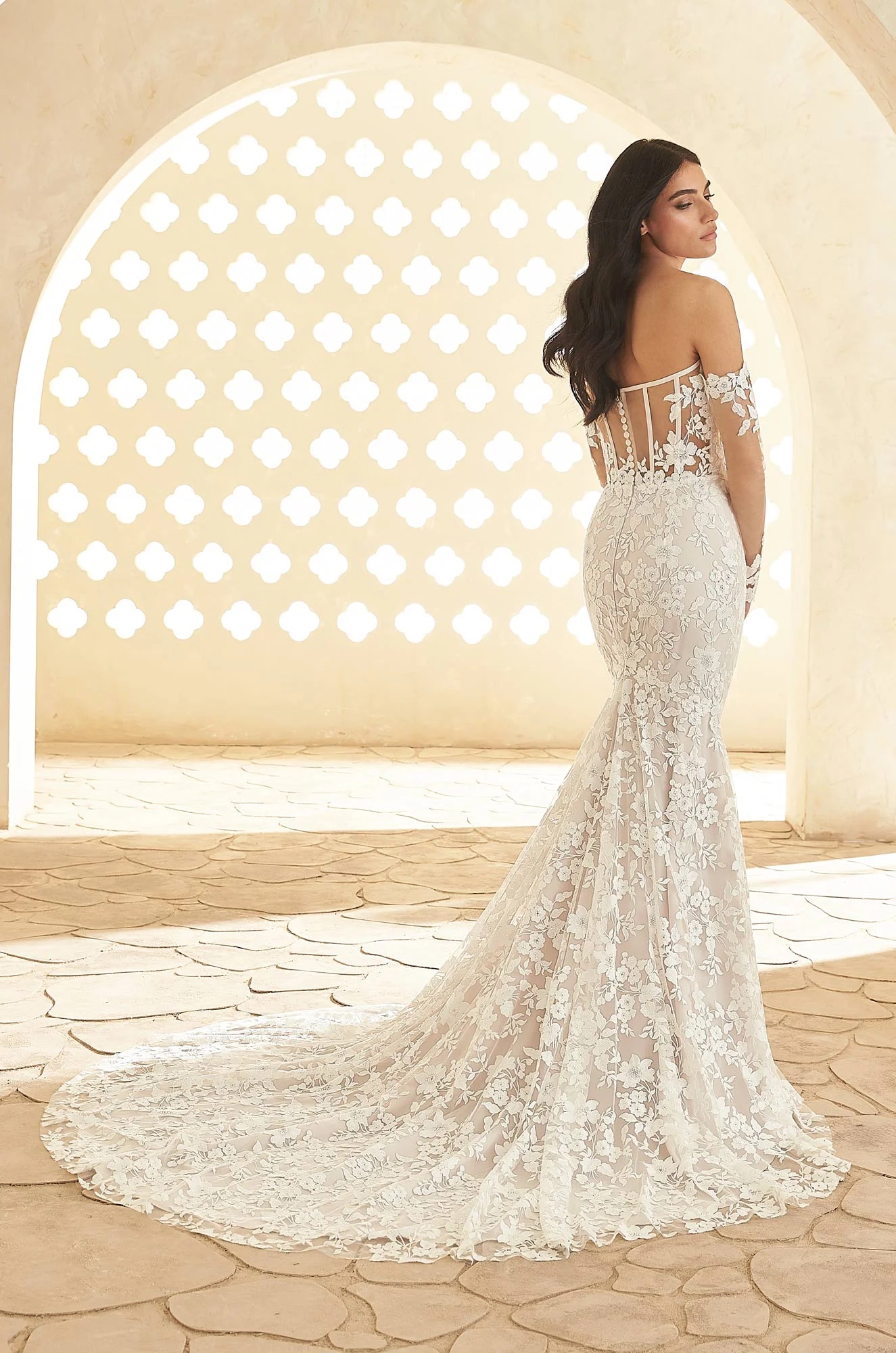 Plunging Lace Fit & Flare Gown with Long Sleeves