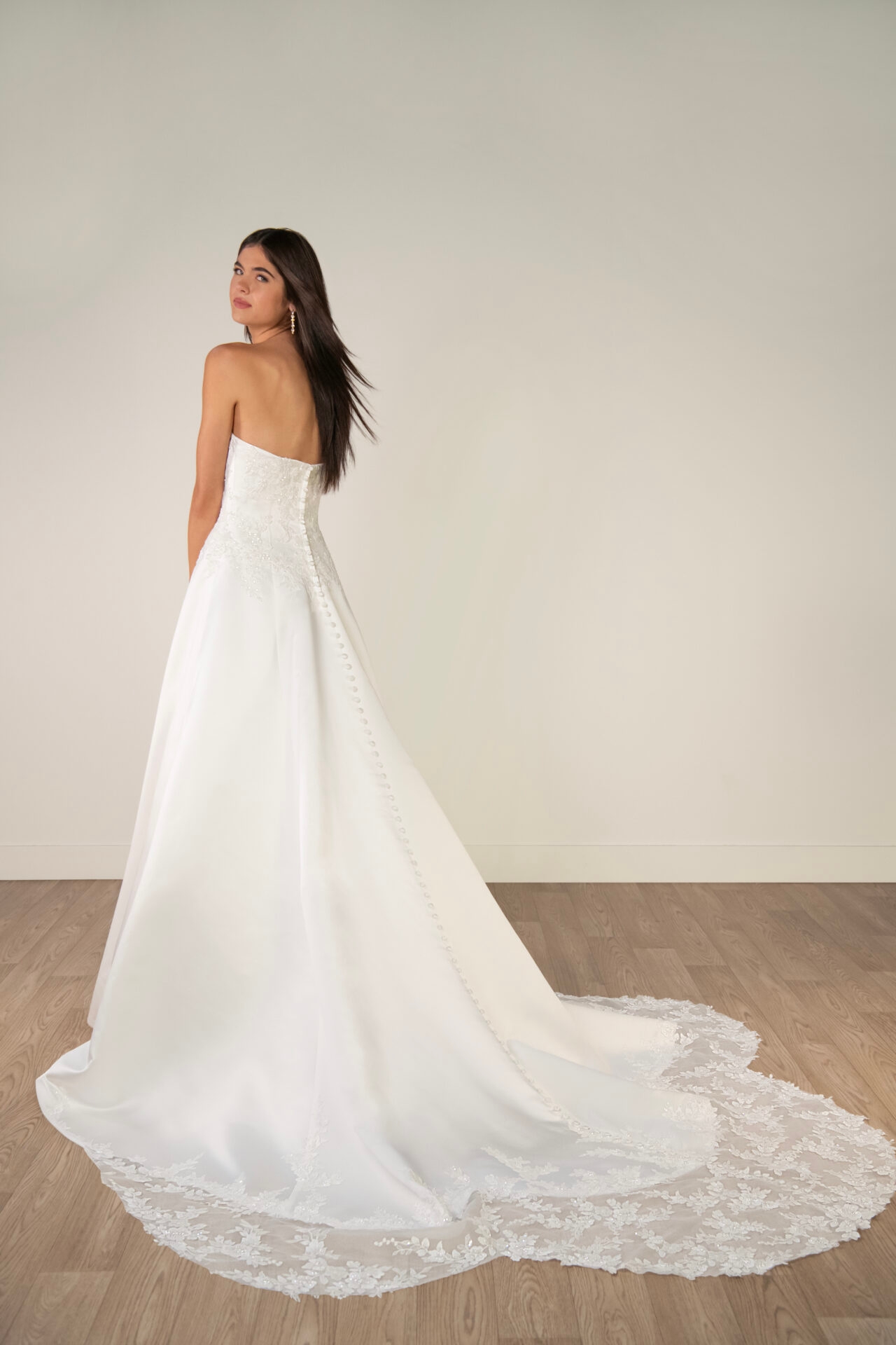Strapless Lace and Grand Satin A-Line Wedding Gown with Scalloped Cutout Train