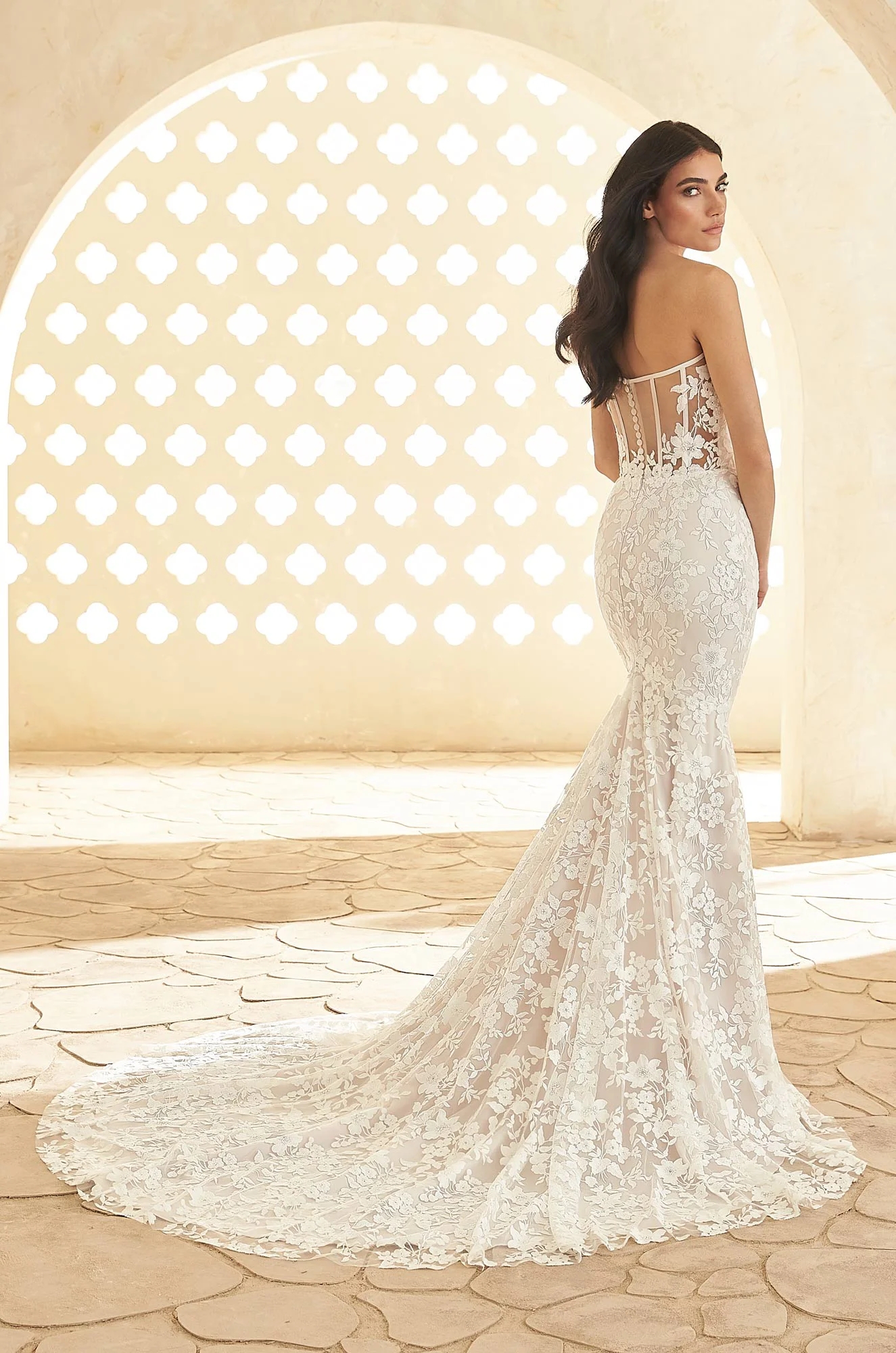 Plunging Lace Fit & Flare Gown with Long Sleeves