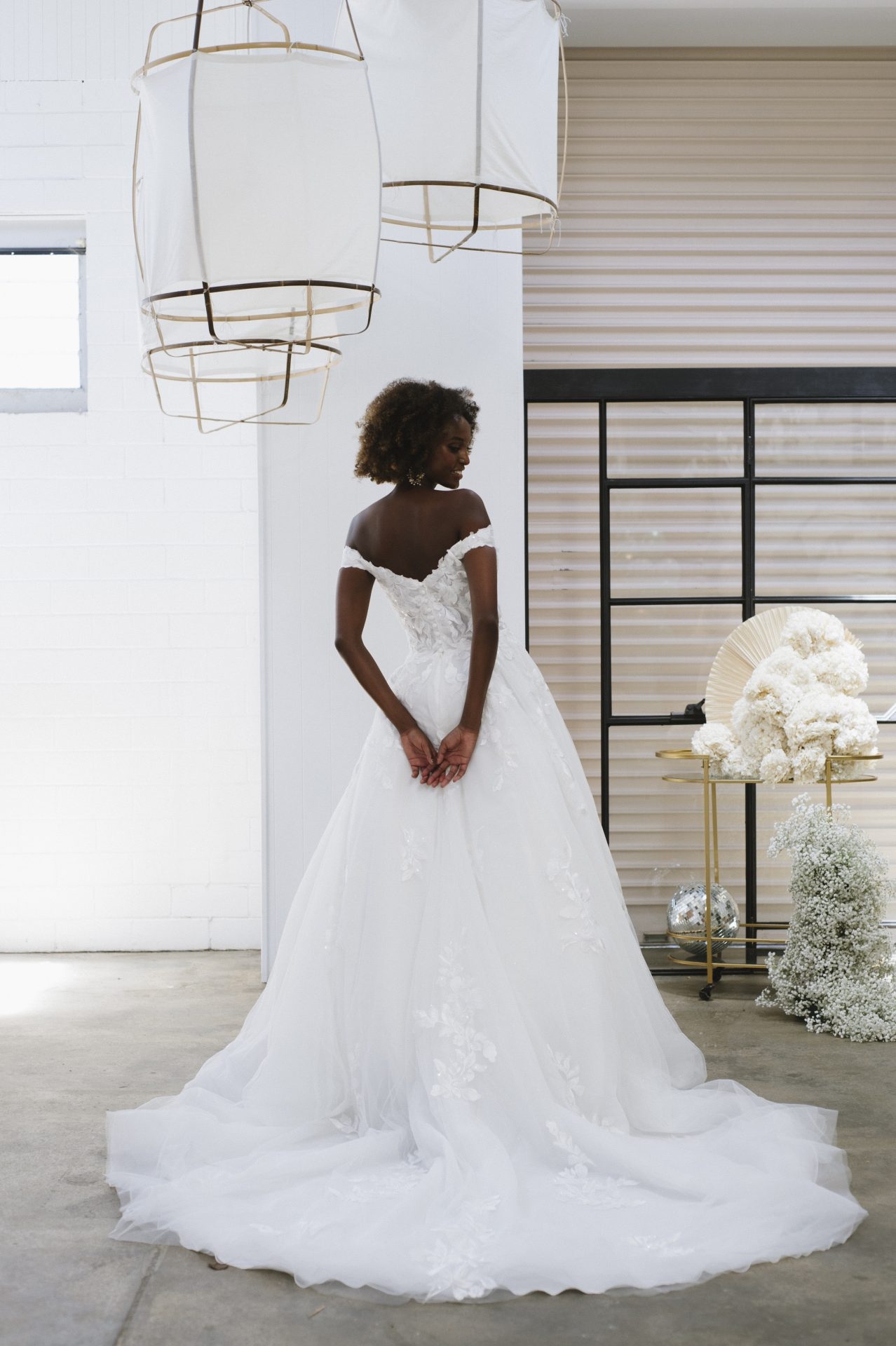 Classic Off-the-Shoulder V-Neckline Gown with Lace Appliques