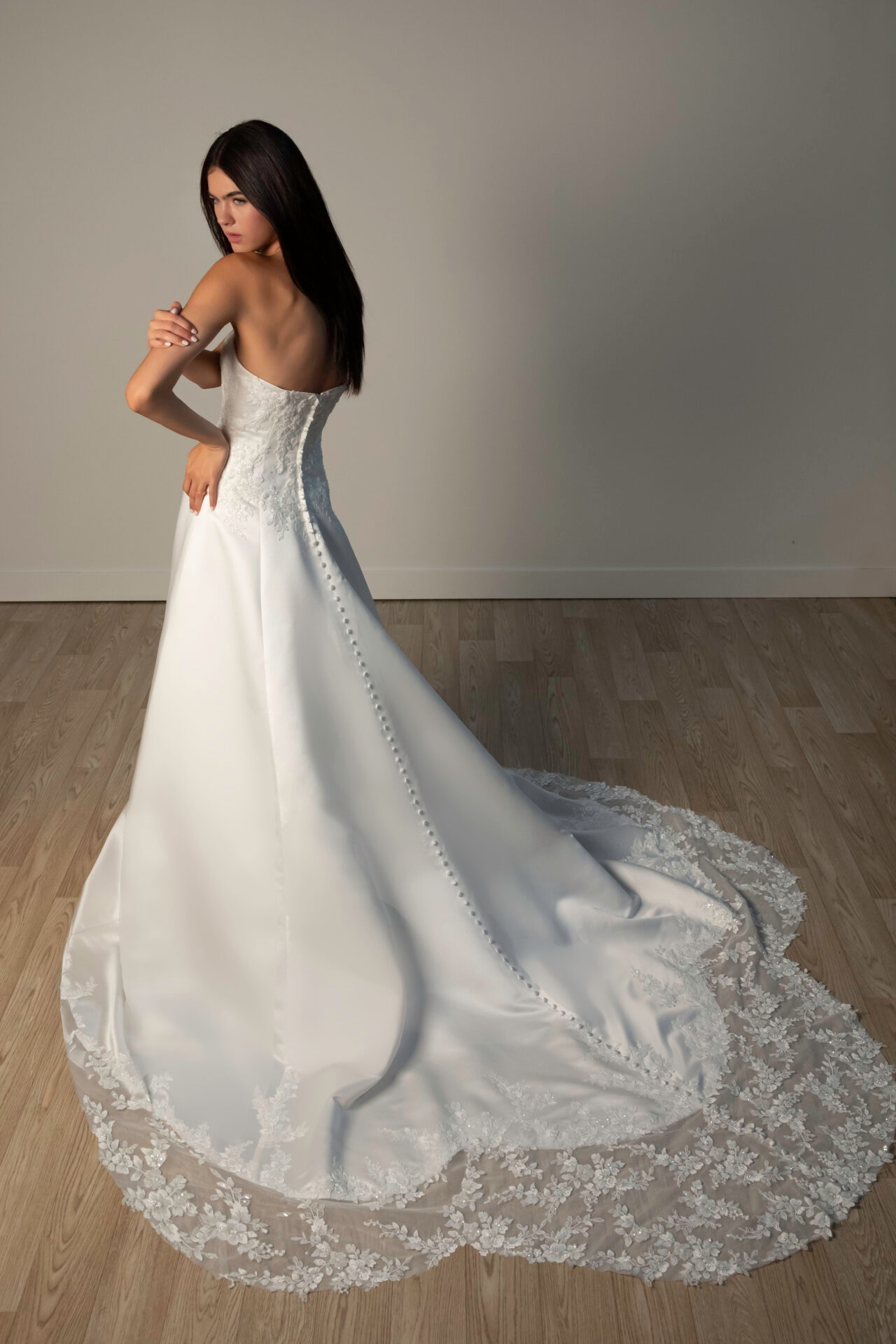 Strapless Lace and Grand Satin A-Line Wedding Gown with Scalloped Cutout Train