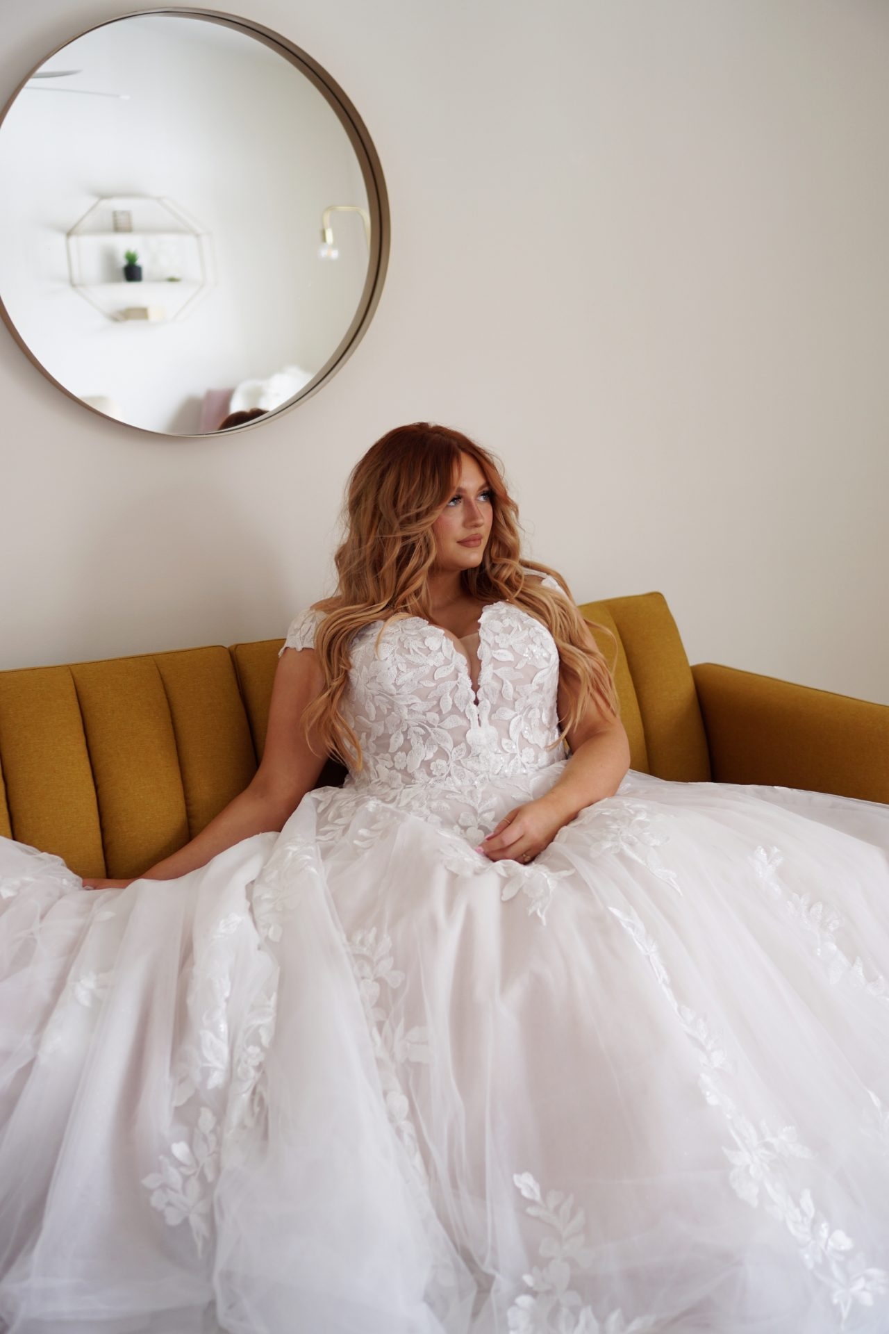 Classic Off-the-Shoulder V-Neckline Gown with Lace Appliques